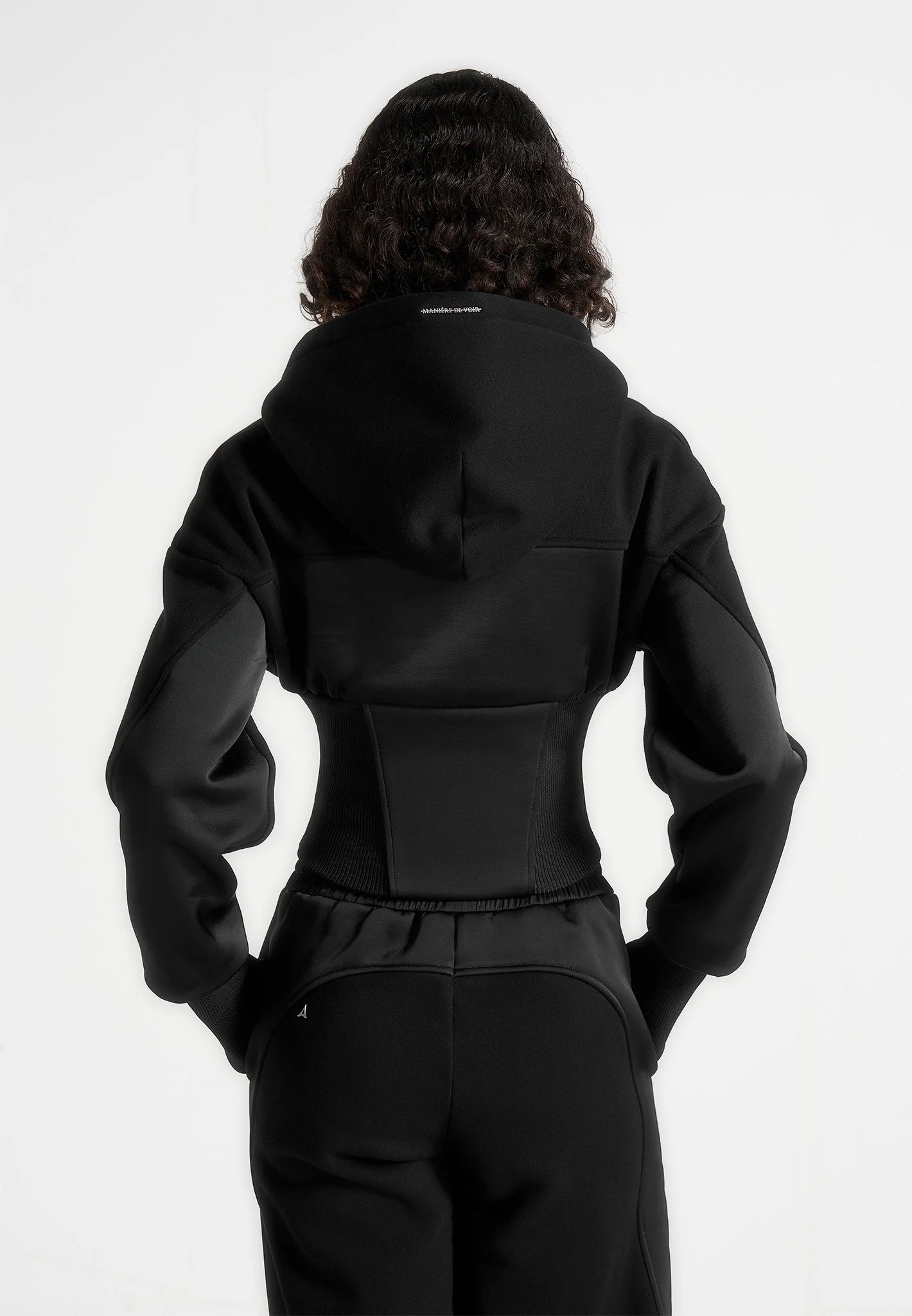 Brune - Corset Jersey And Satin Zip Hoodie - Black - Image 5