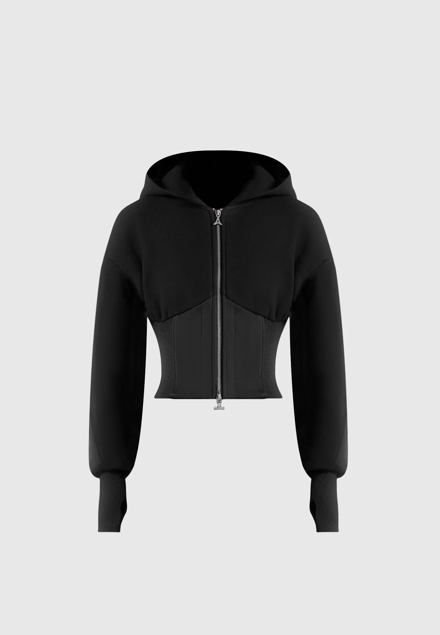 Brune - Corset Jersey And Satin Zip Hoodie - Black - Image 6