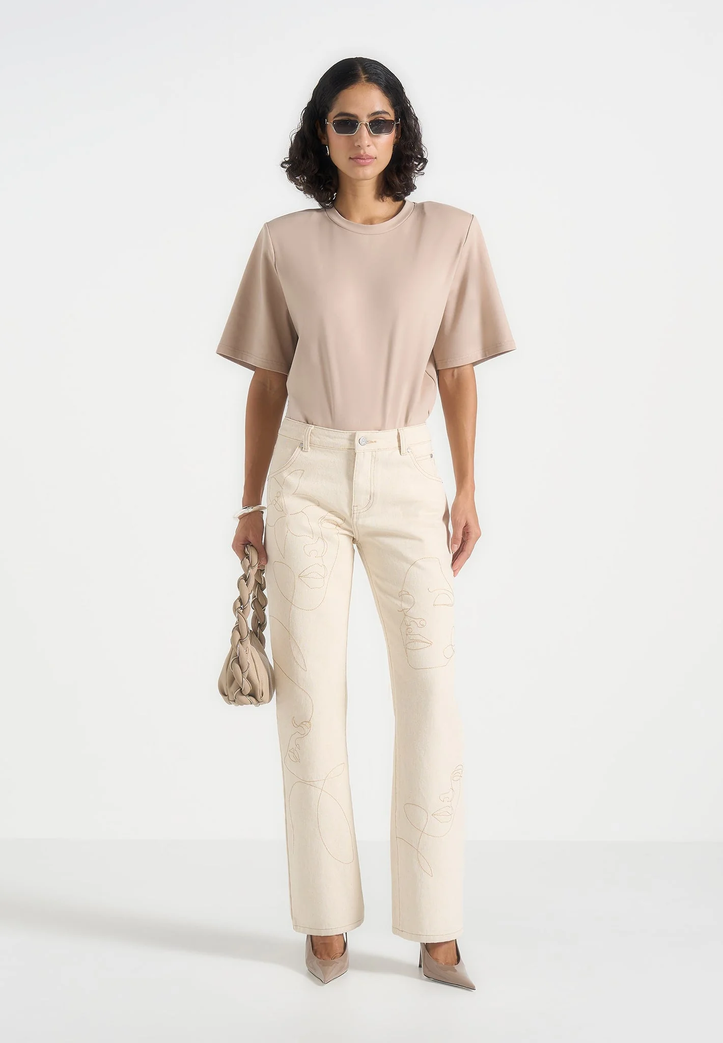 Calista - Line Art Denim Jeans - Cream
