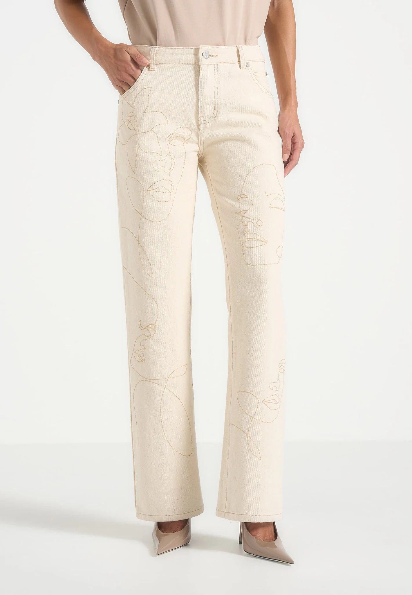 Calista - Line Art Denim Jeans - Cream - Image 2