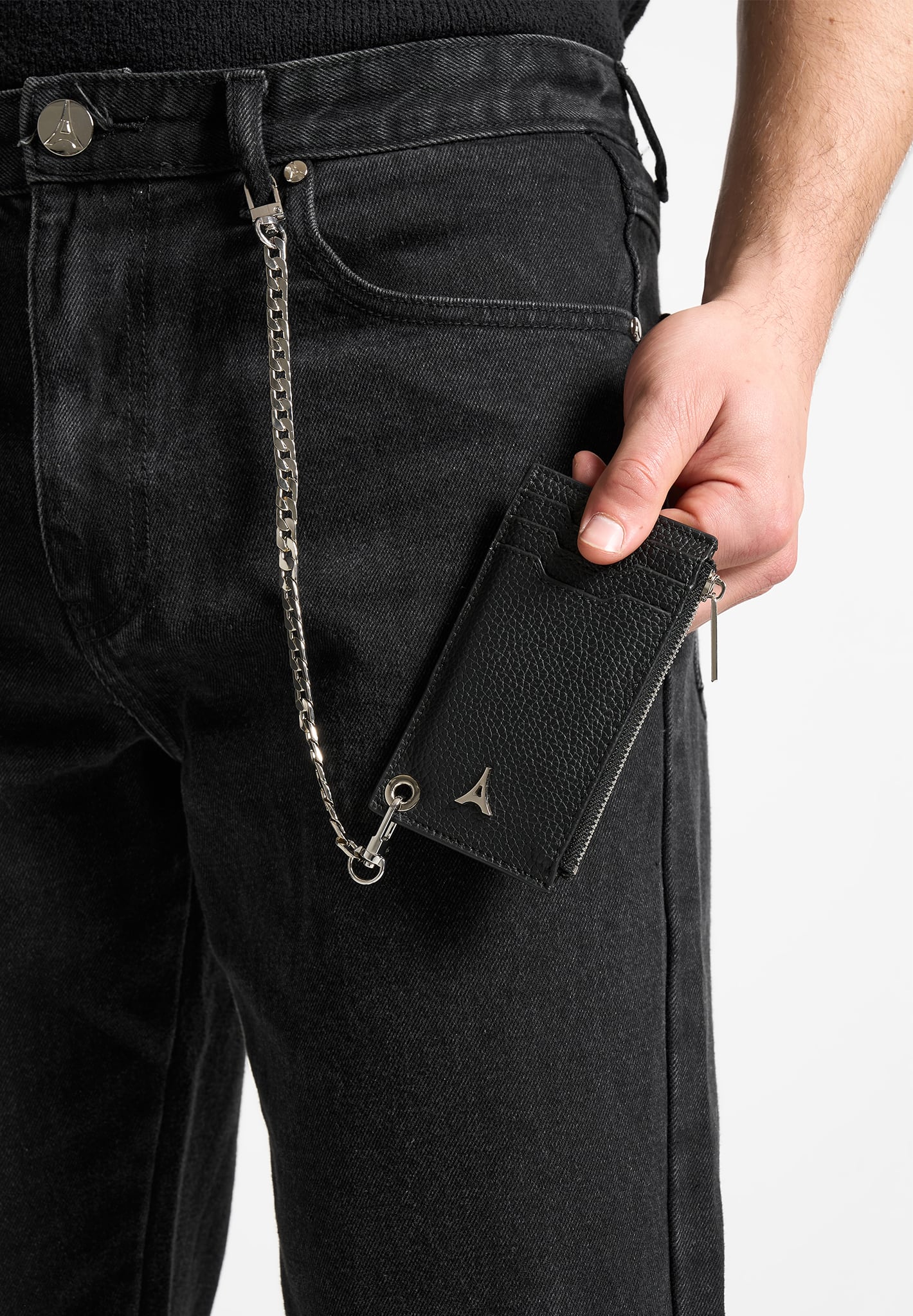 Leather Cardholder with Chain - Black - Image 3