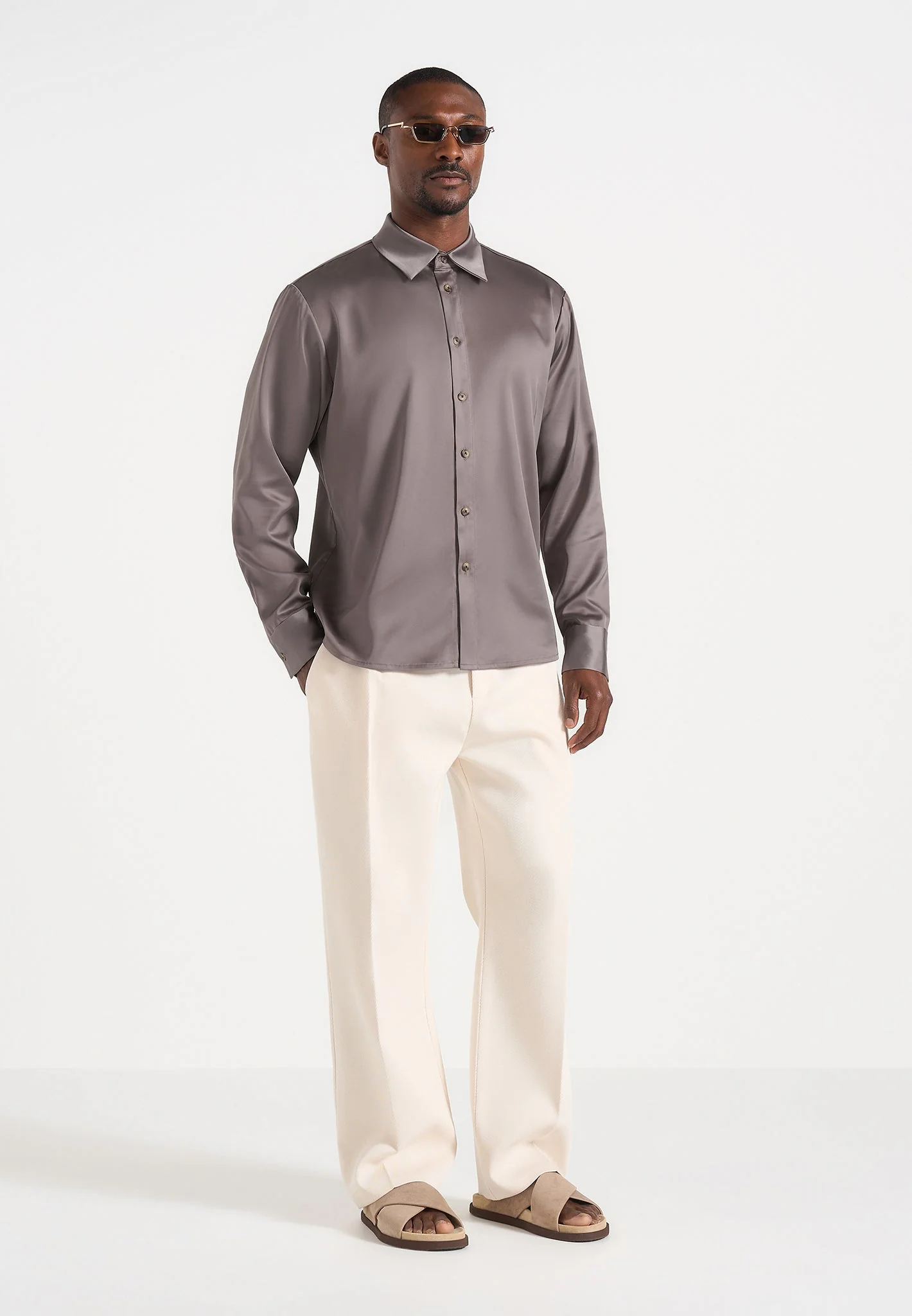 Carter - Unisex Oversized Satin Shirt - Taupe - Image 2