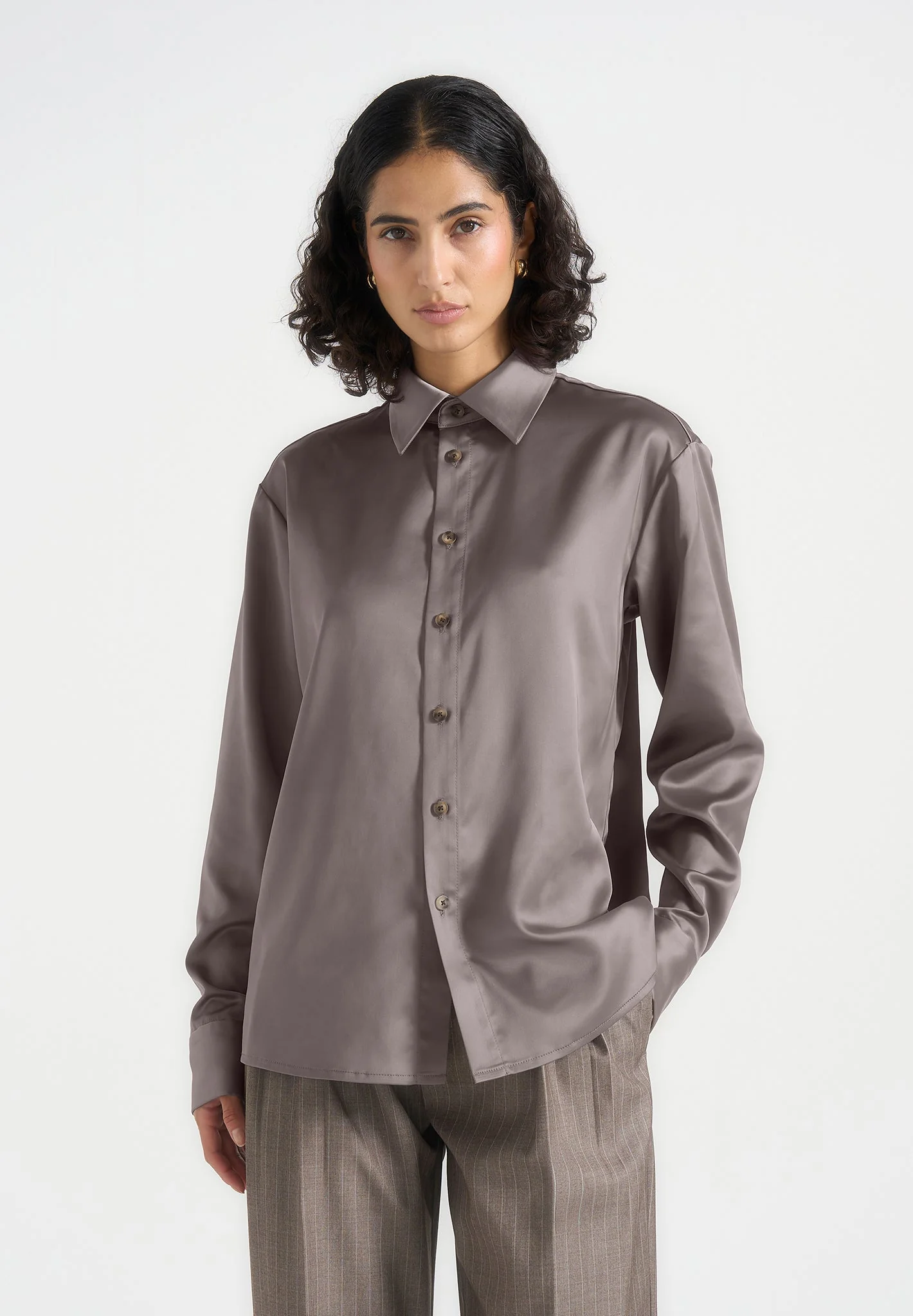 Carter - Unisex Oversized Satin Shirt - Taupe - Image 3