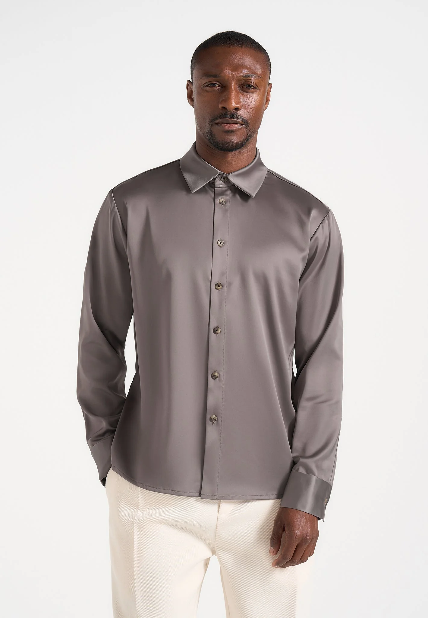 Carter - Unisex Oversized Satin Shirt - Taupe - Image 4