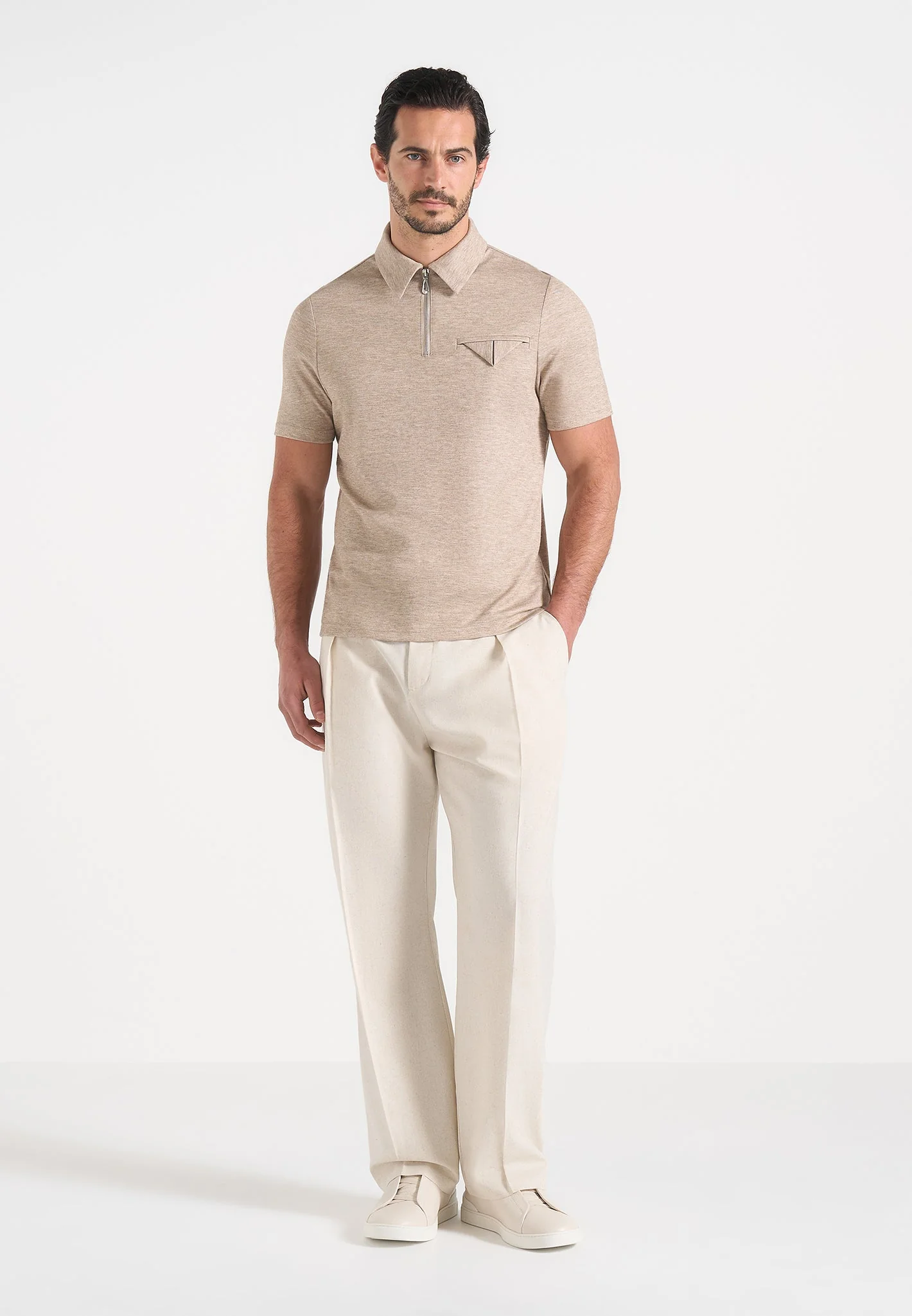 Cassian - Marl Zip Polo Shirt - Beige Marl - Image 2
