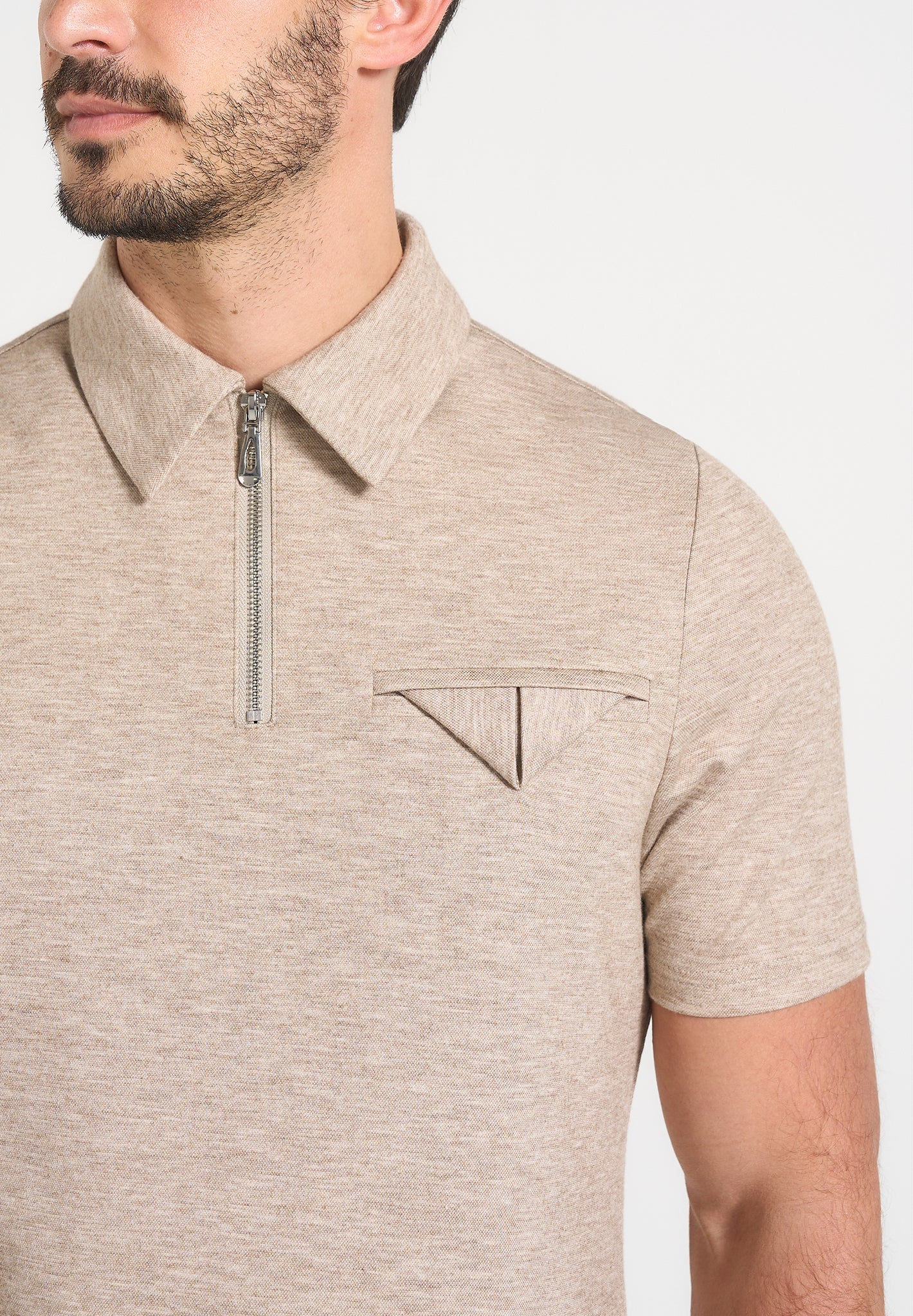 Cassian - Marl Zip Polo Shirt - Beige Marl - Image 4