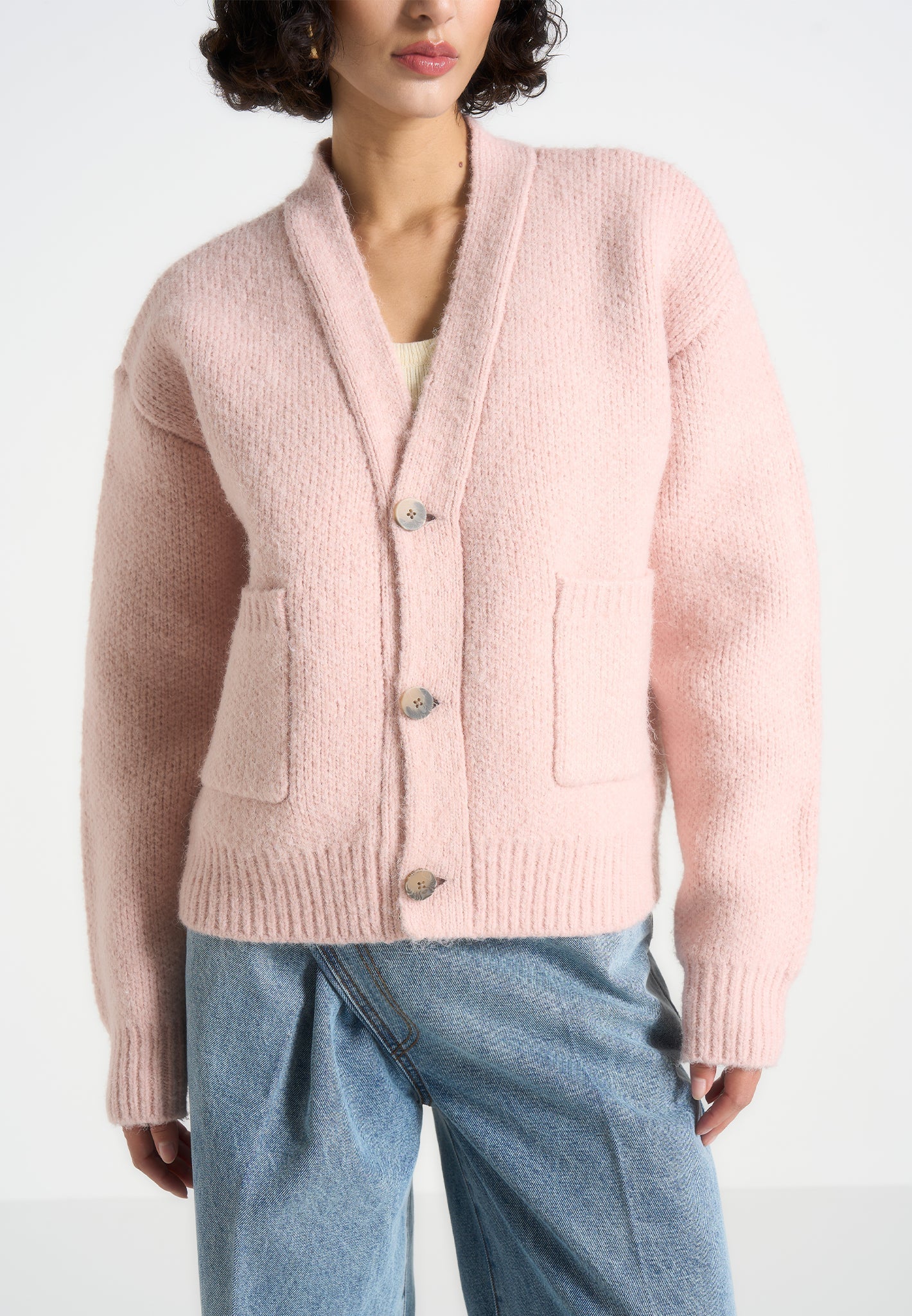 Charlie - Unisex Knitted Cardigan - Pale Pink - Image 5