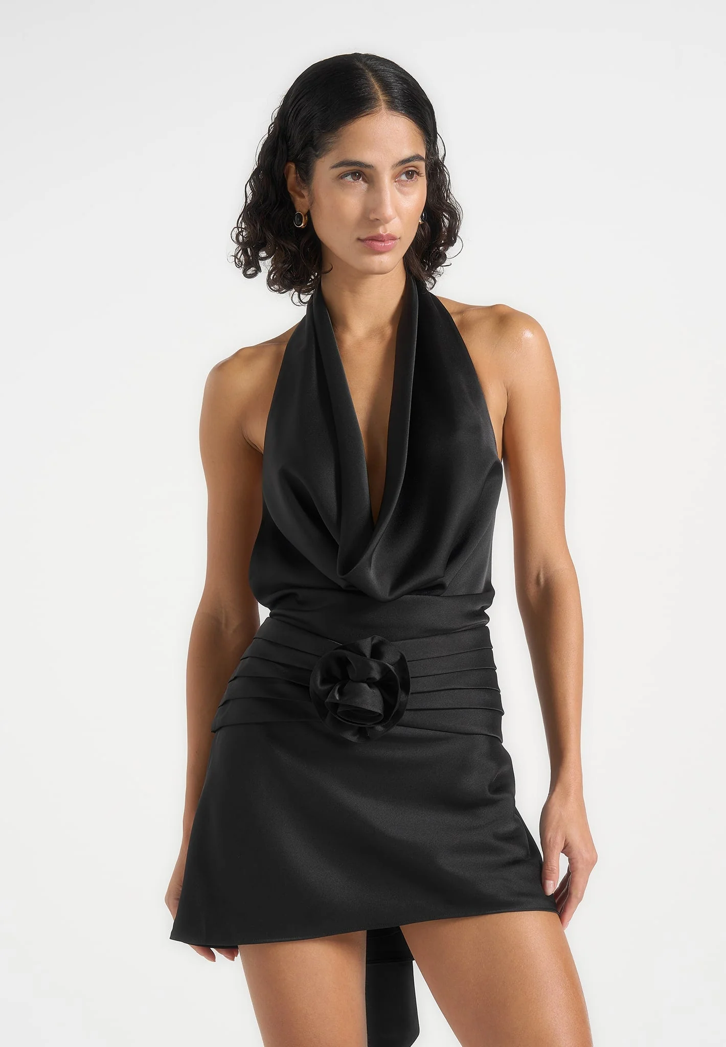 Christelle - Cowl Halter Open Back Rosette Mini Dress - Black - Image 4