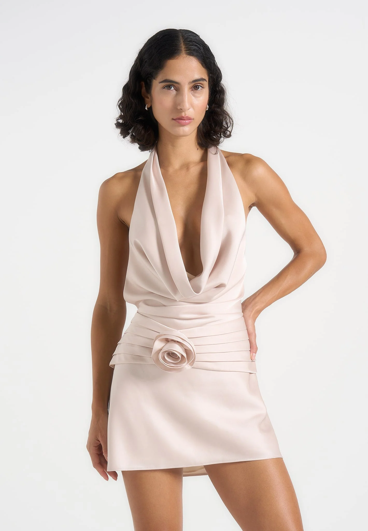 Christelle - Cowl Halter Open Back Rosette Mini Dress - Champagne - Image 4