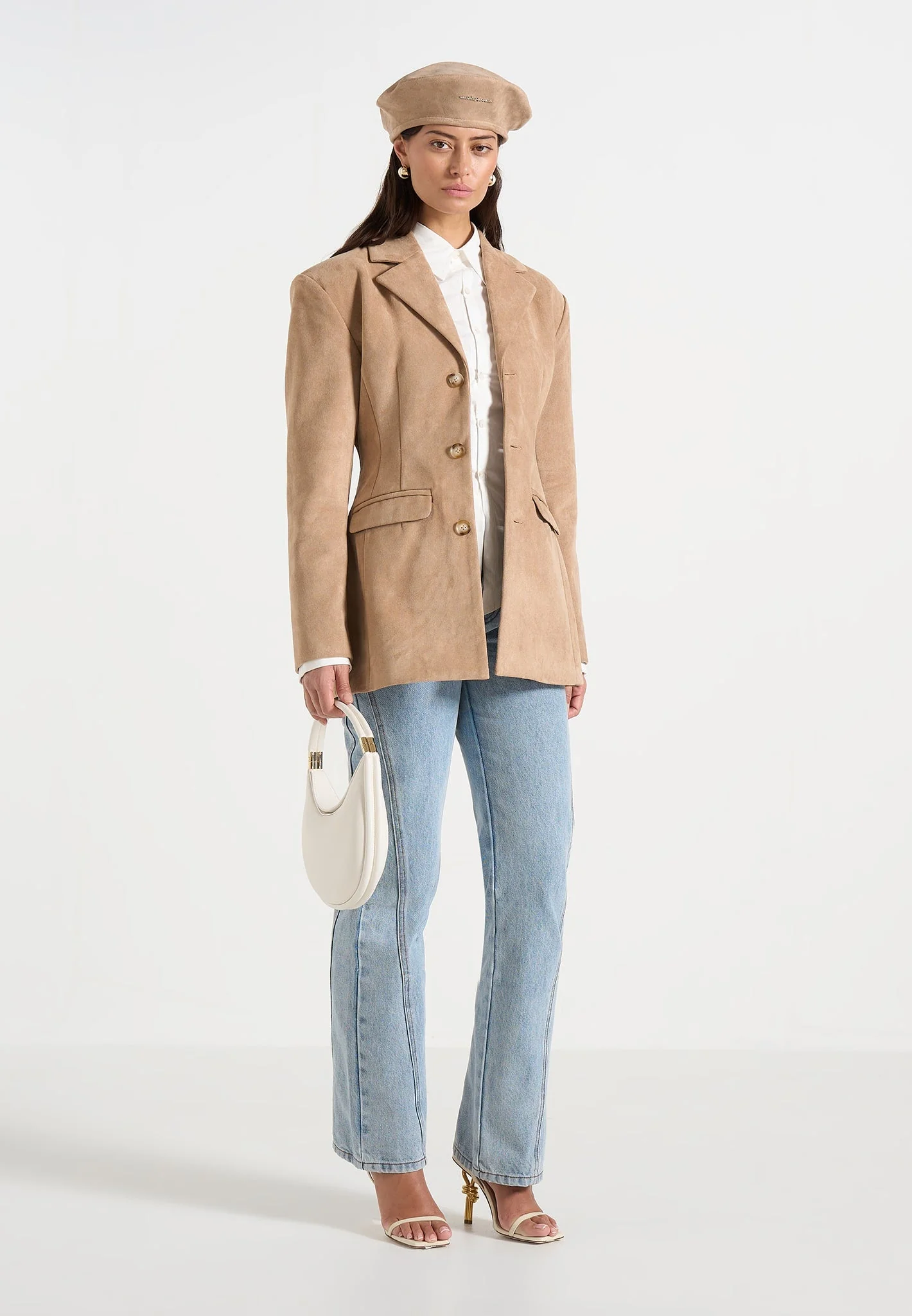 Claire - Suede Wide Shoulder Cinch Waist Blazer - Beige