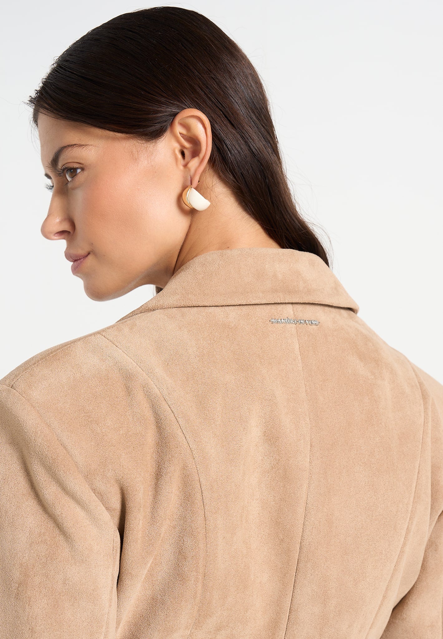 Claire - Suede Wide Shoulder Cinch Waist Blazer - Beige - Image 4