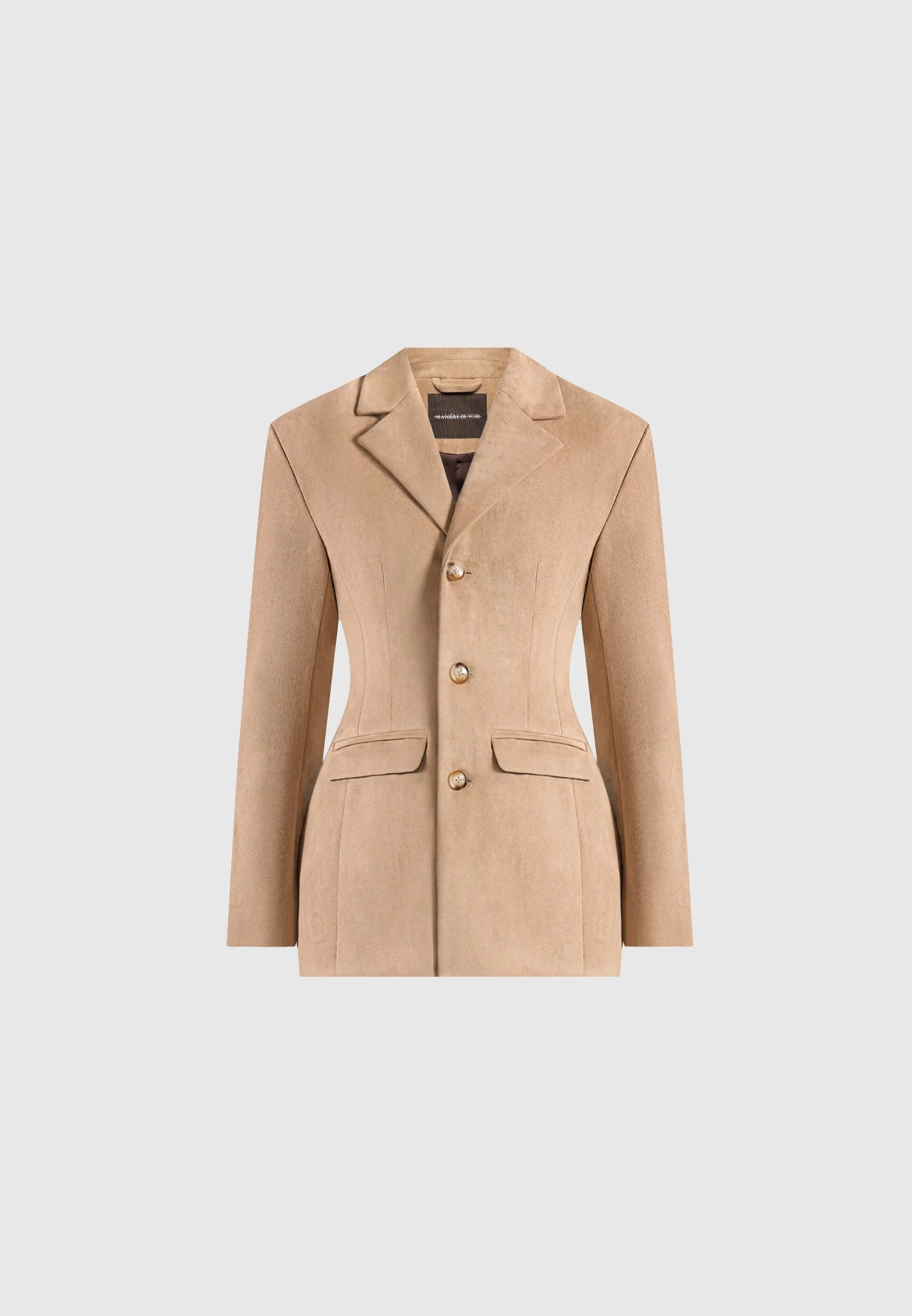 Claire - Suede Wide Shoulder Cinch Waist Blazer - Beige - Image 6