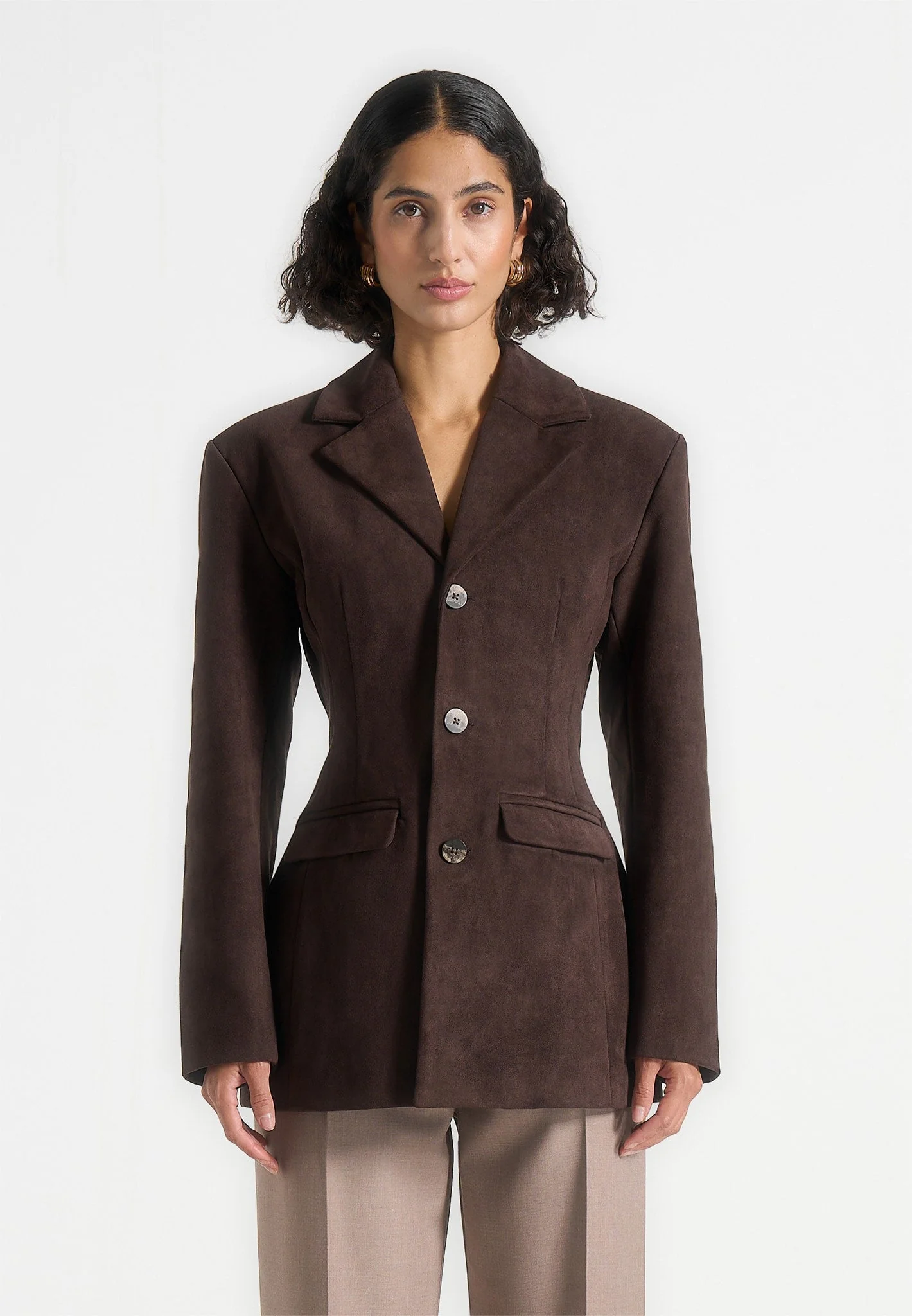 Claire - Suede Wide Shoulder Cinch Waist Blazer - Brown - Image 4