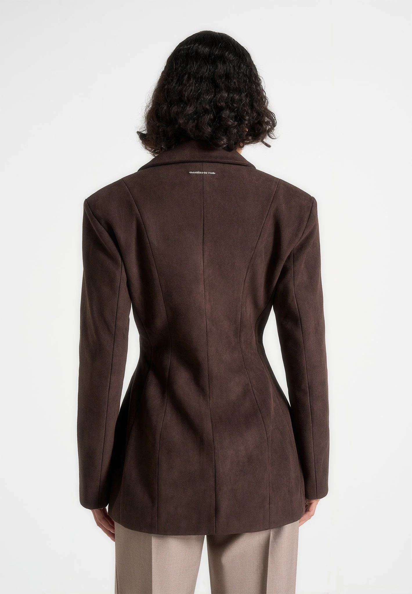 Claire - Suede Wide Shoulder Cinch Waist Blazer - Brown - Image 5