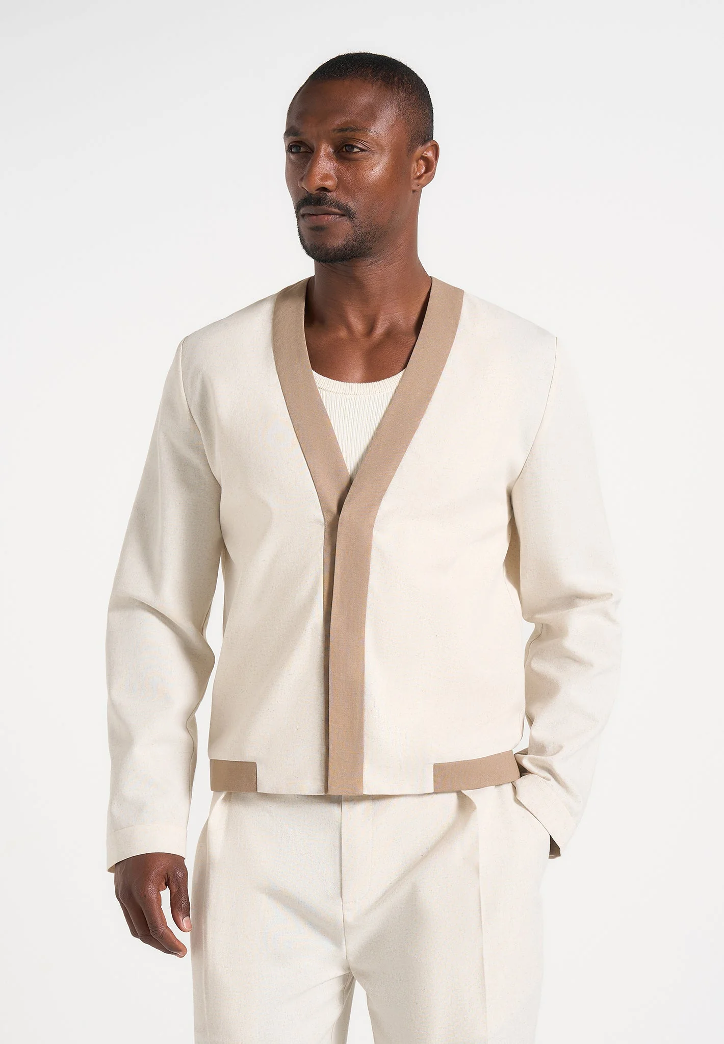 Clovis - Linen Cardigan With Contrast Placket - Natural - Image 2