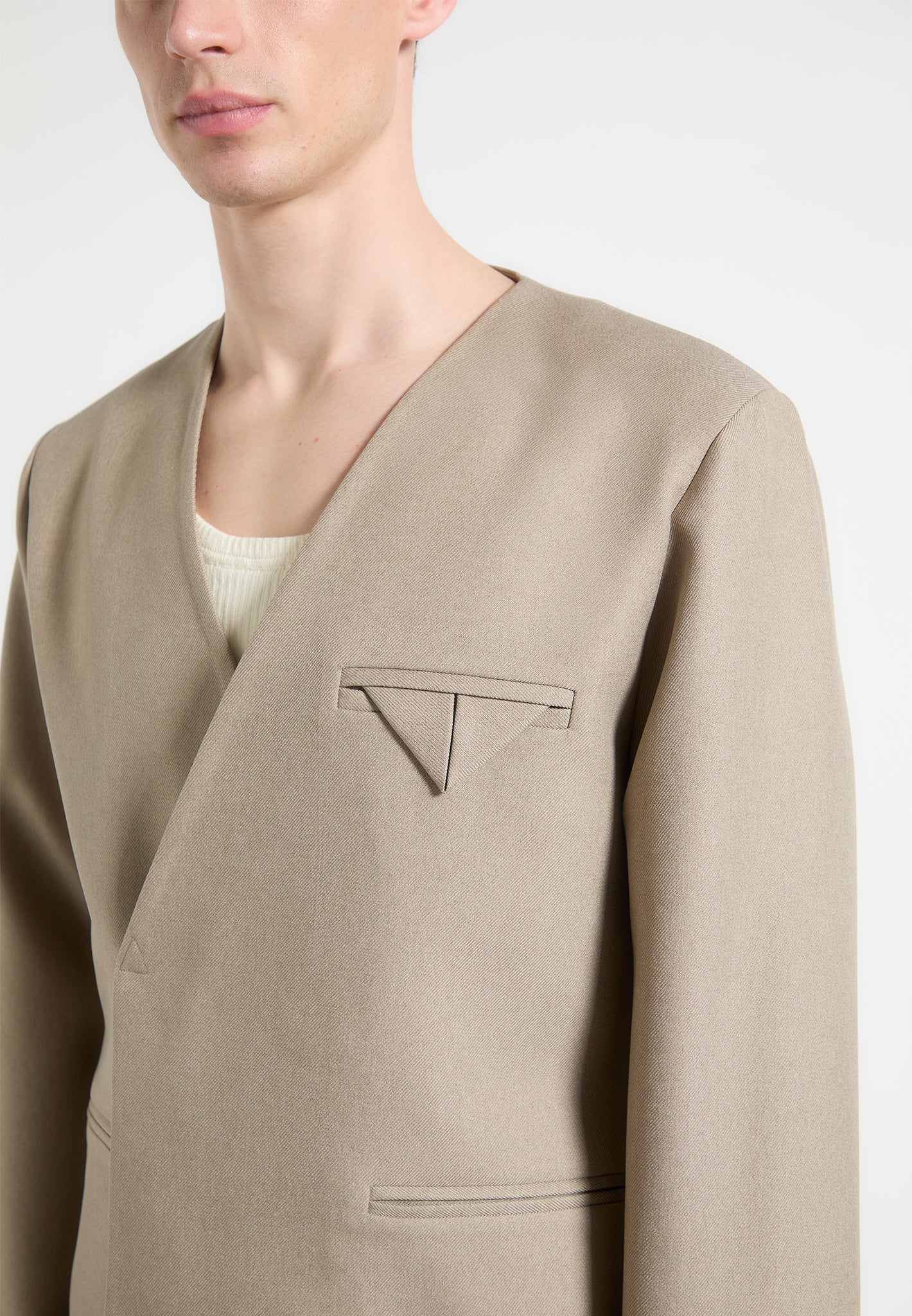 Colin - Collarless Double Breasted Minimal Blazer - Beige - Image 2