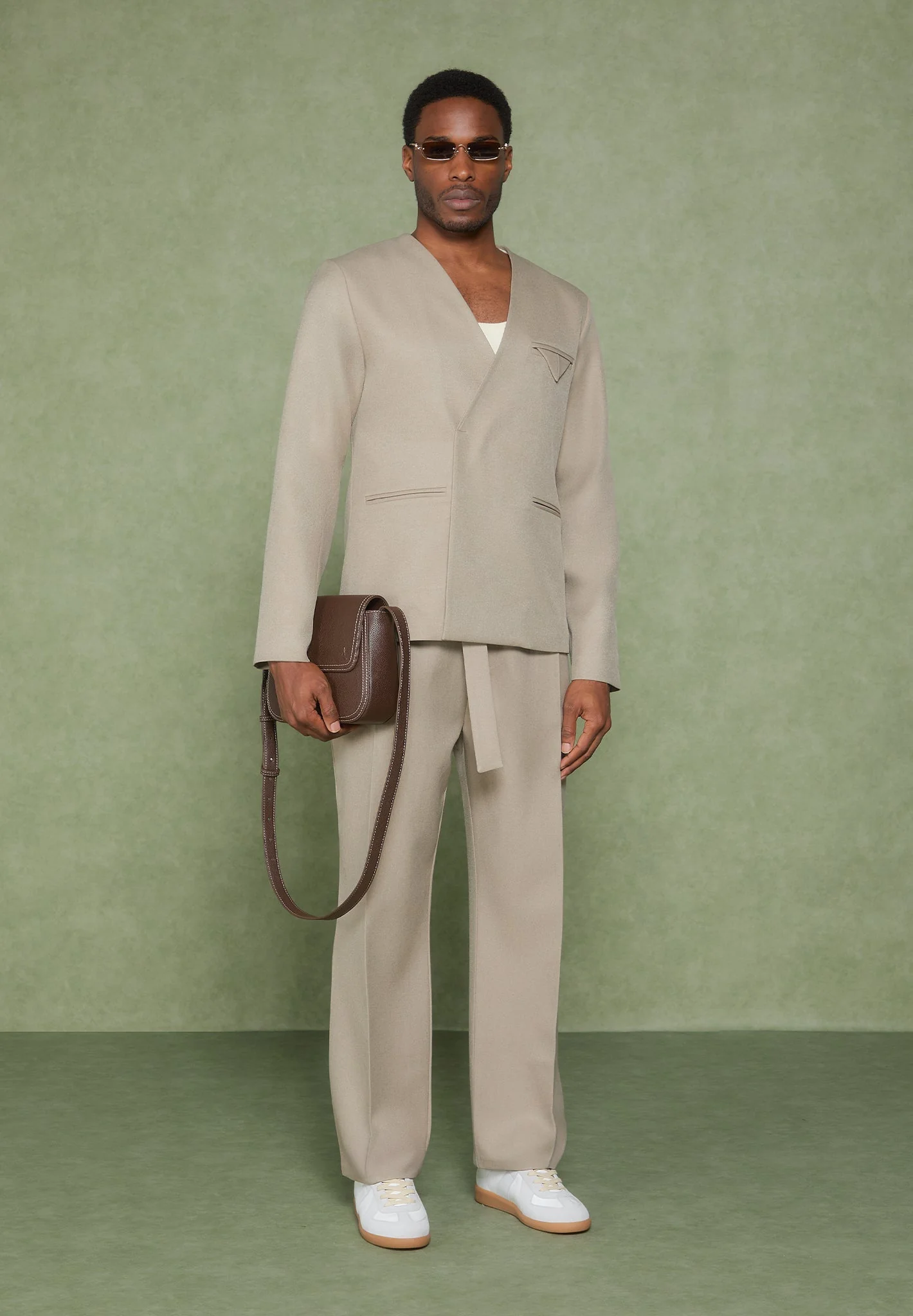 Colin - Collarless Double Breasted Minimal Blazer - Beige - Image 3