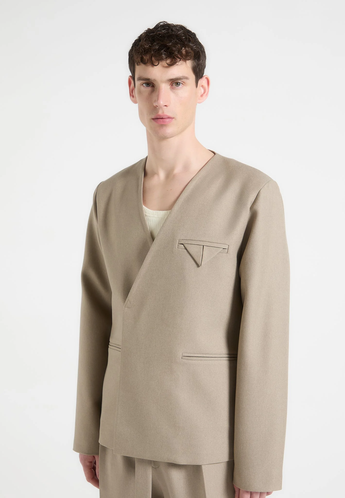 Colin - Collarless Double Breasted Minimal Blazer - Beige - Image 4