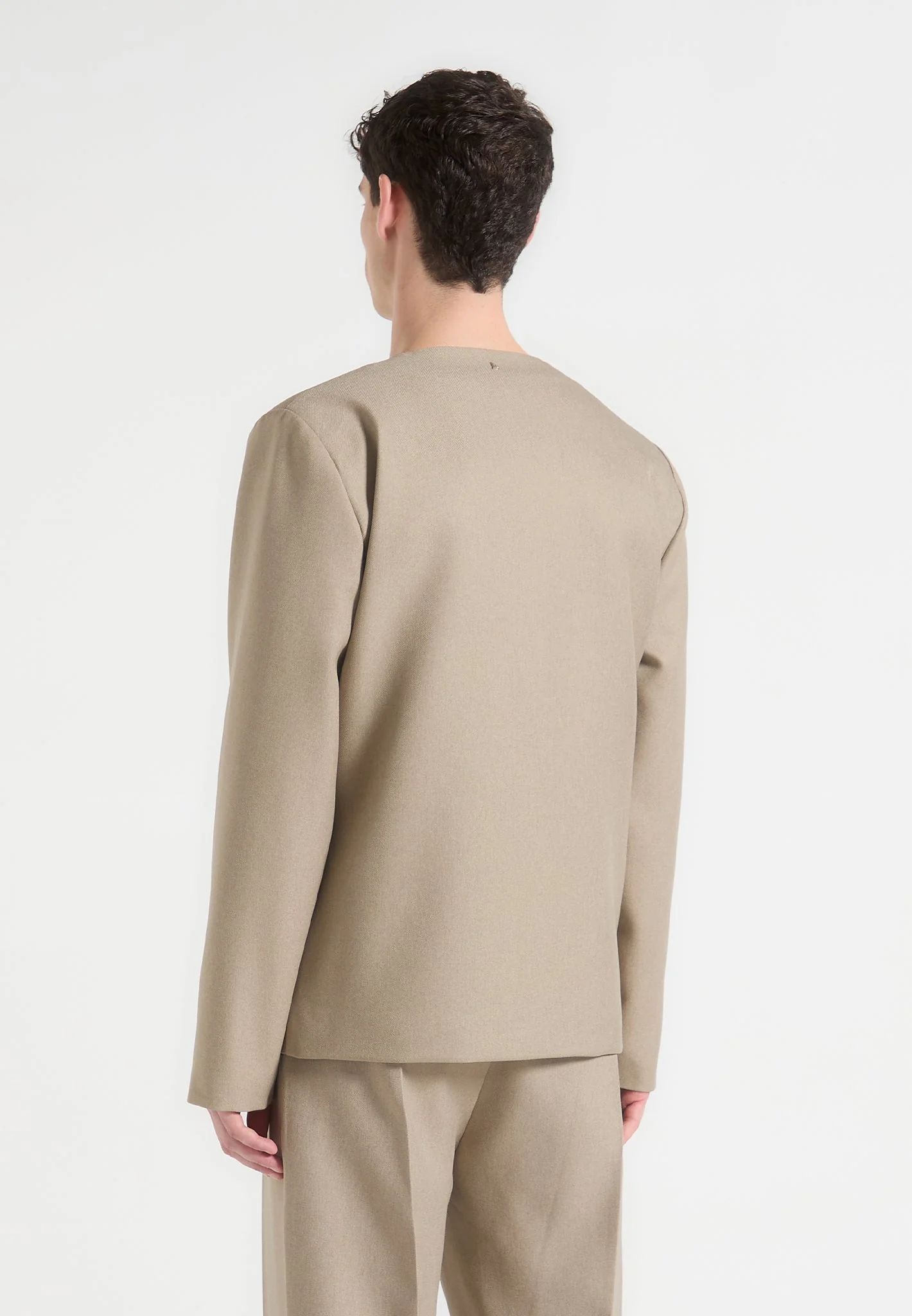 Colin - Collarless Double Breasted Minimal Blazer - Beige - Image 5