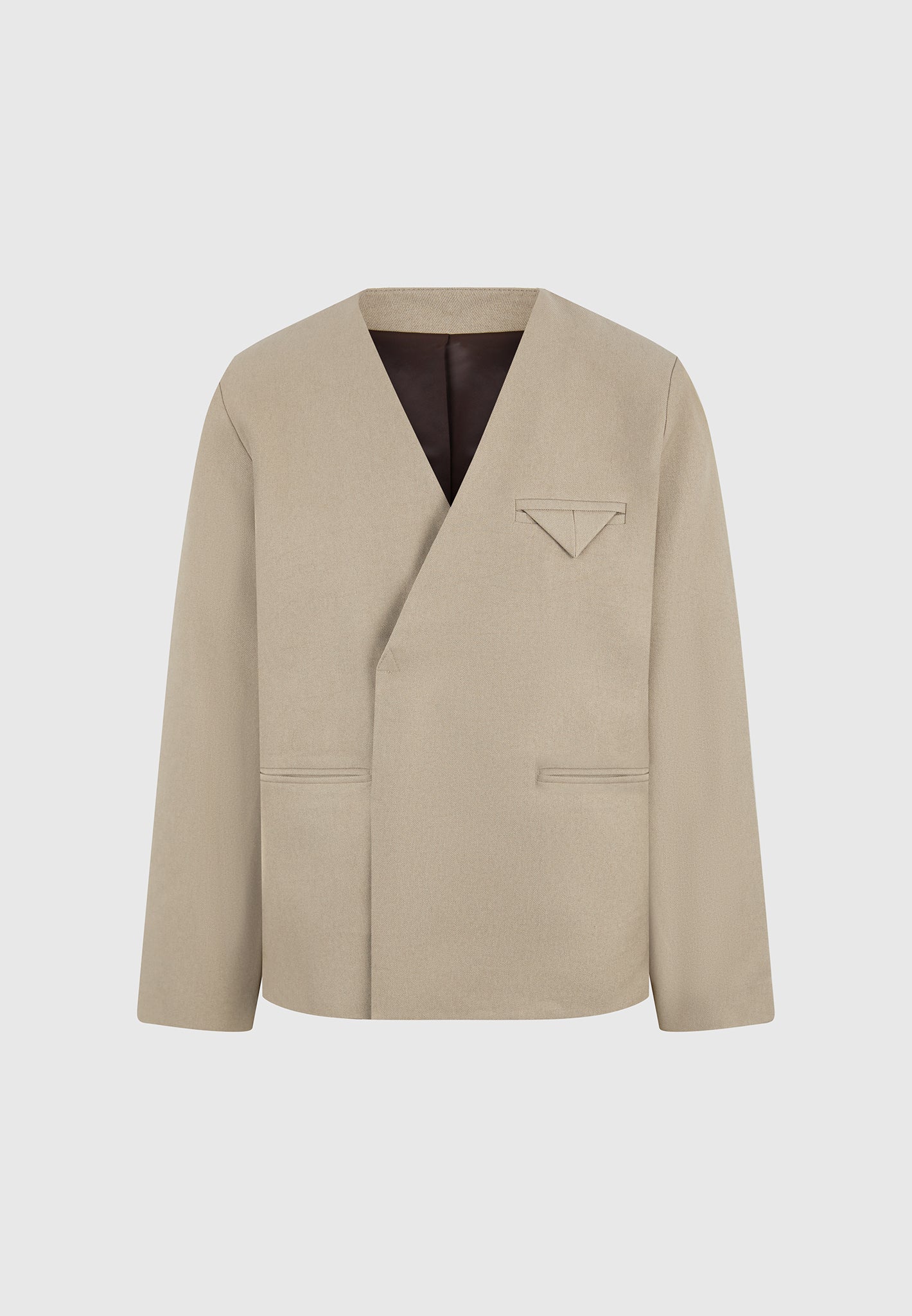 Colin - Collarless Double Breasted Minimal Blazer - Beige - Image 7