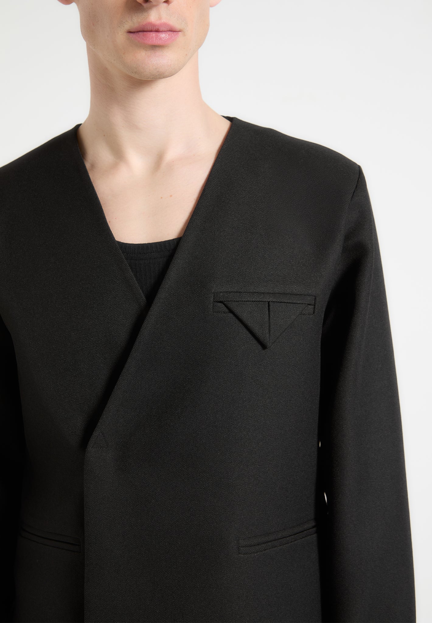Colin - Collarless Double Breasted Minimal Blazer - Black - Image 3