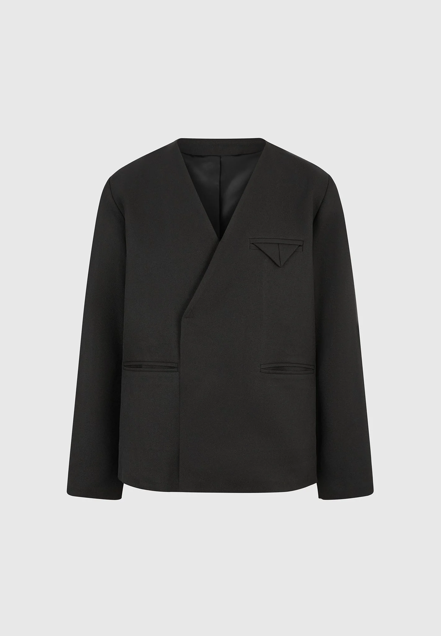 Colin - Collarless Double Breasted Minimal Blazer - Black - Image 5