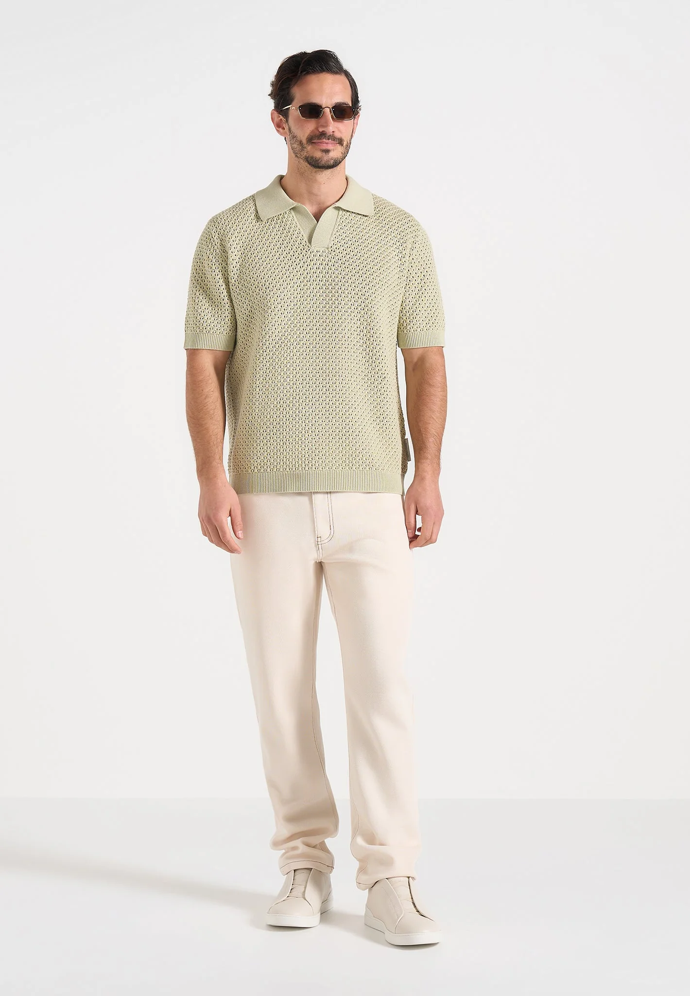 Conrad - Open Knit Polo Shirt - Sage - Image 2