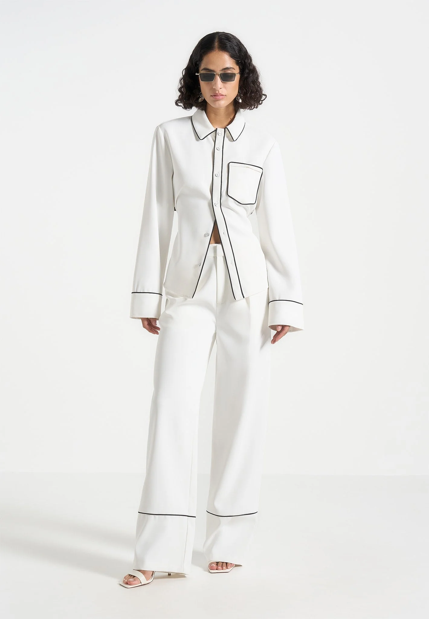 Mina - Contrast Piped Pleated Trousers - White/Black
