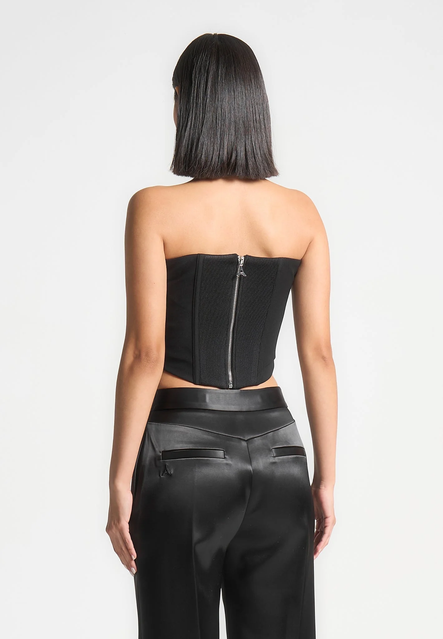 Cora - Satin Pintuck Bandeau Corset Top - Black - Image 3