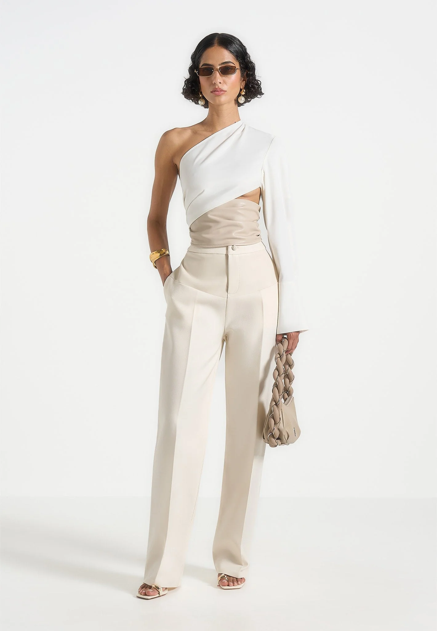 Coralie - One Sleeve Leather Wrap Top - White - Image 4