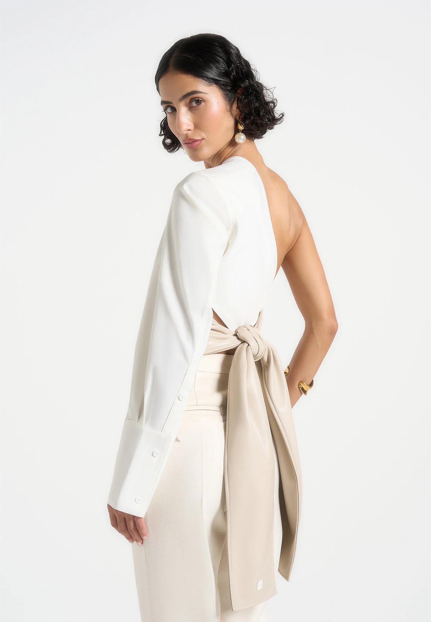 Coralie - One Sleeve Leather Wrap Top - White - Image 5