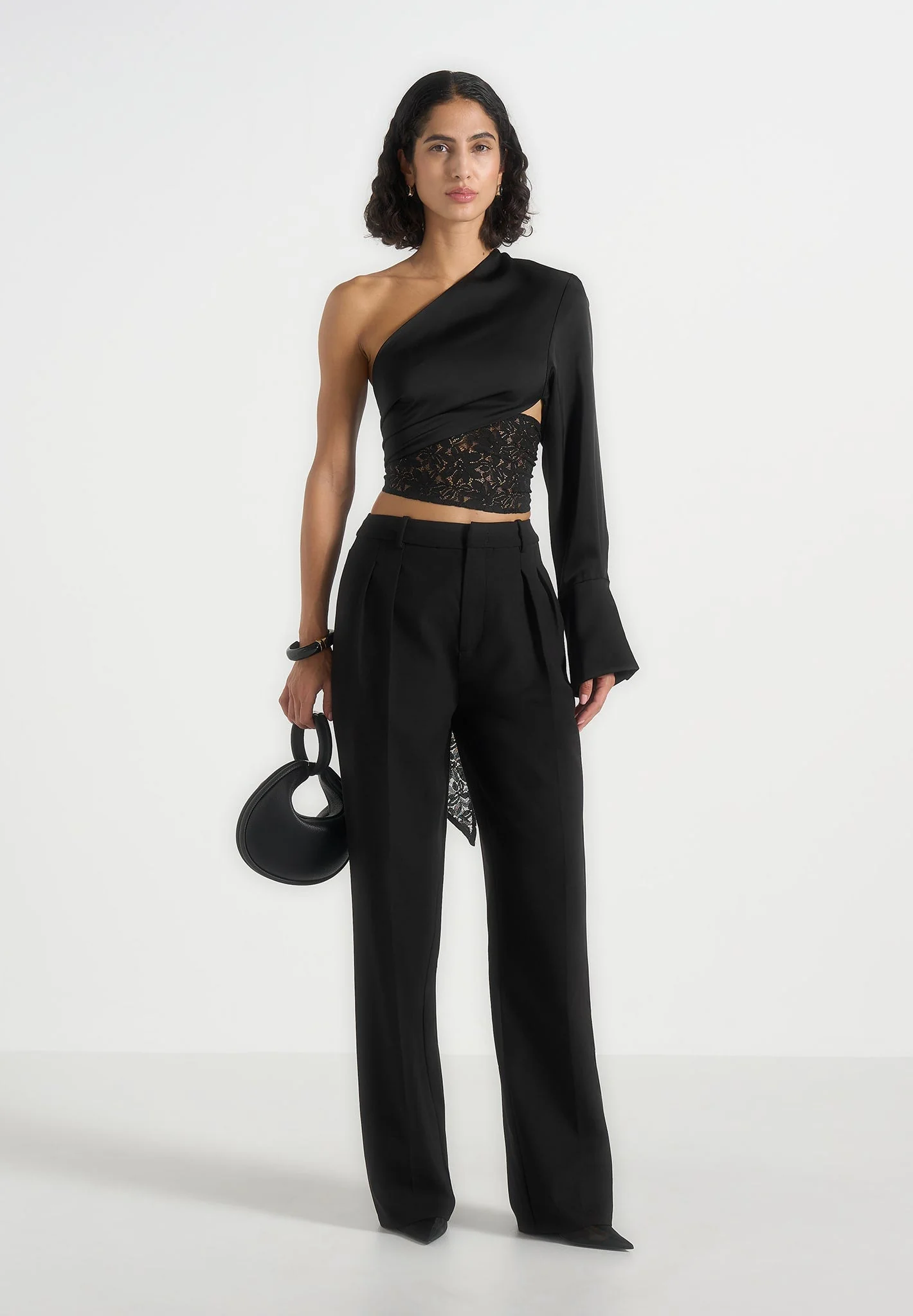 Coralie - One Sleeve Satin and Lace Wrap Top - Black