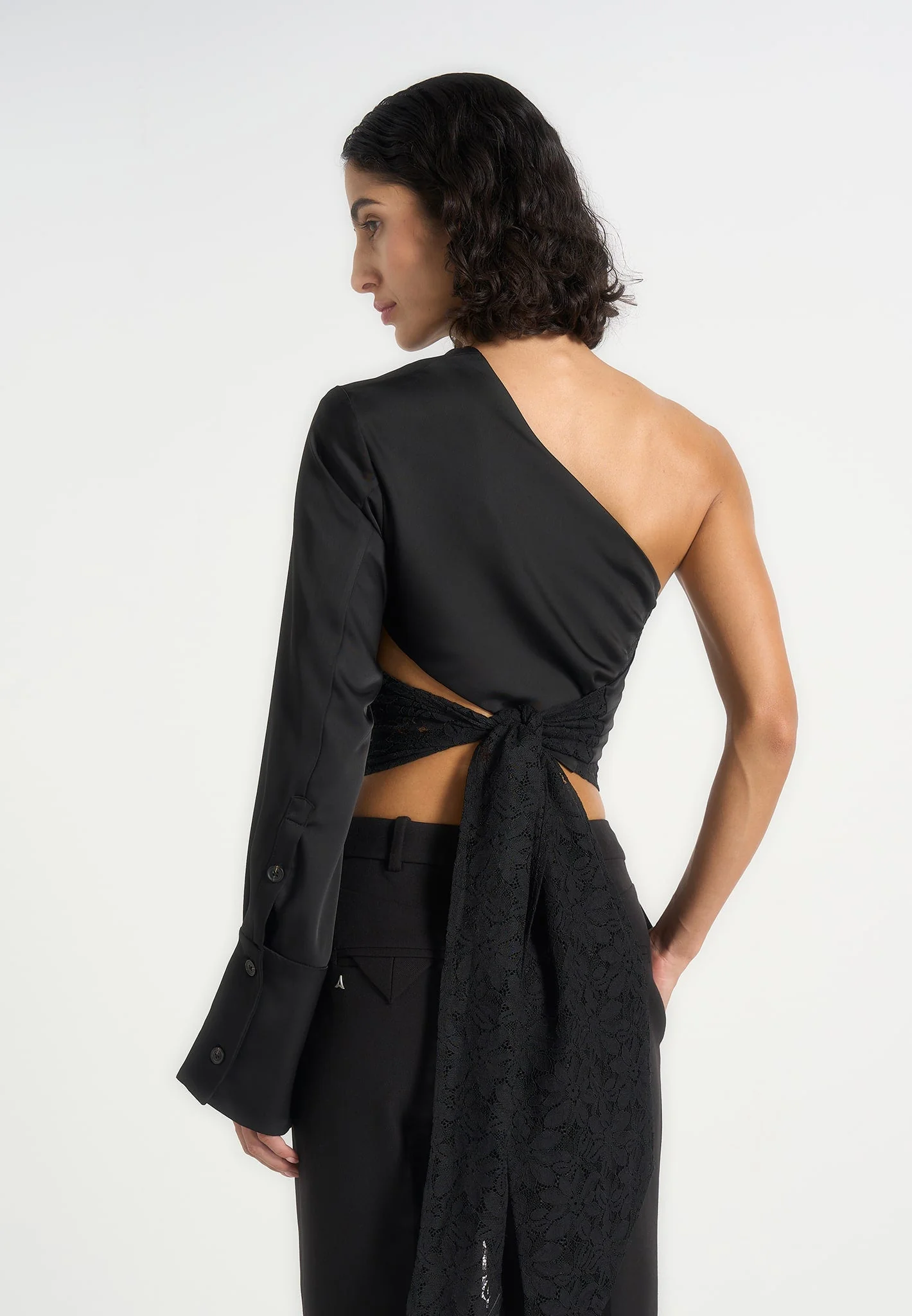 Coralie - One Sleeve Satin and Lace Wrap Top - Black - Image 2