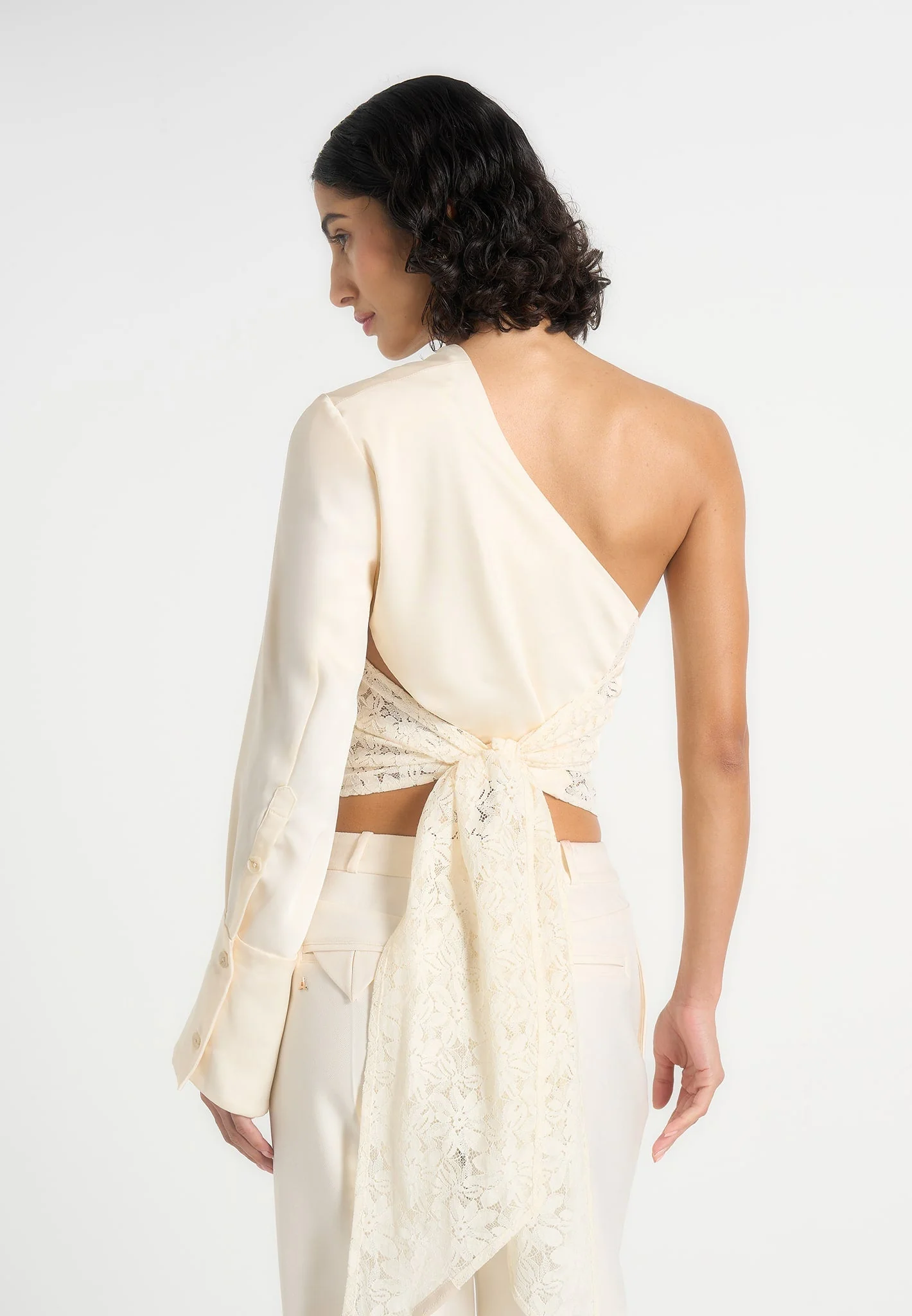 Coralie - One Sleeve Satin and Lace Wrap Top - Champagne - Image 2