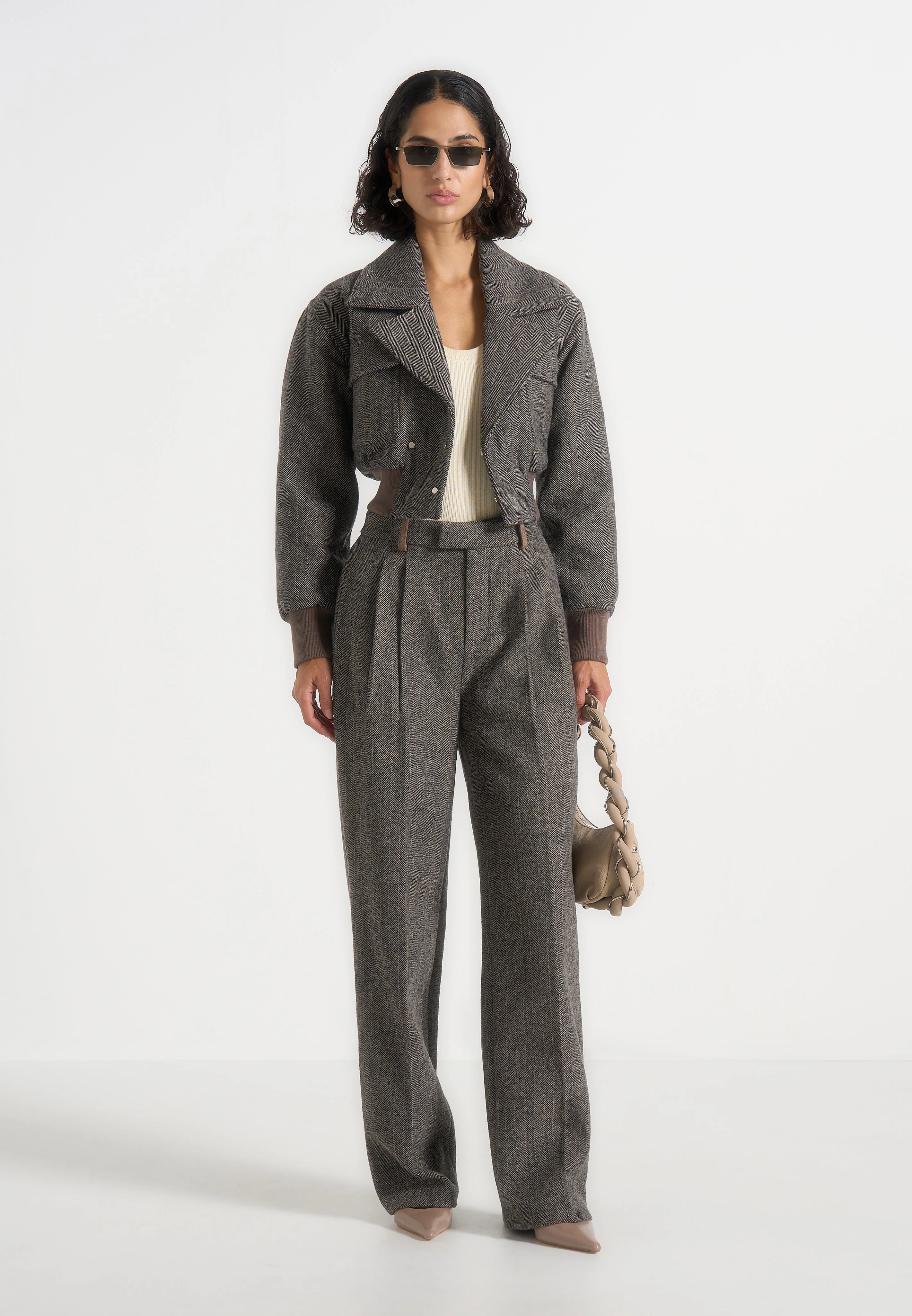 Cosette - Herringbone Wool Lapel Bomber Jacket - Grey - Image 2