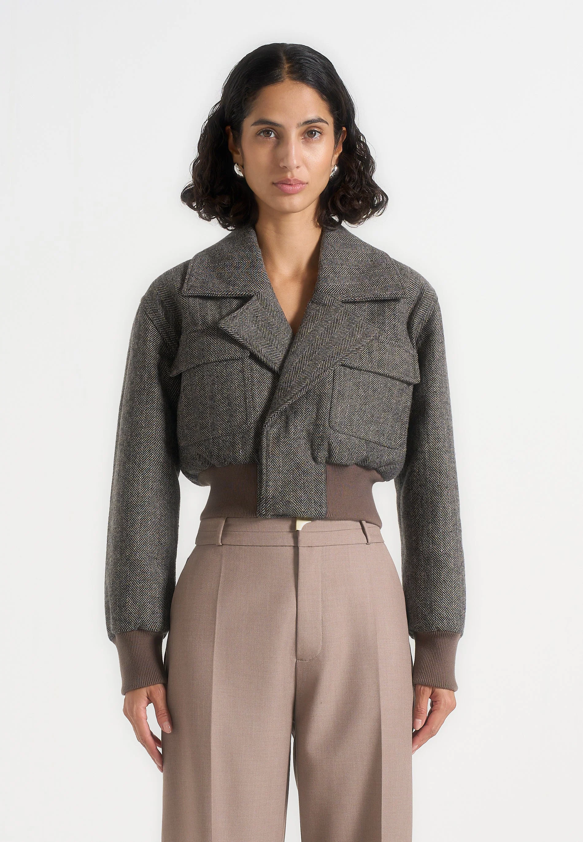 Cosette - Herringbone Wool Lapel Bomber Jacket - Grey - Image 3