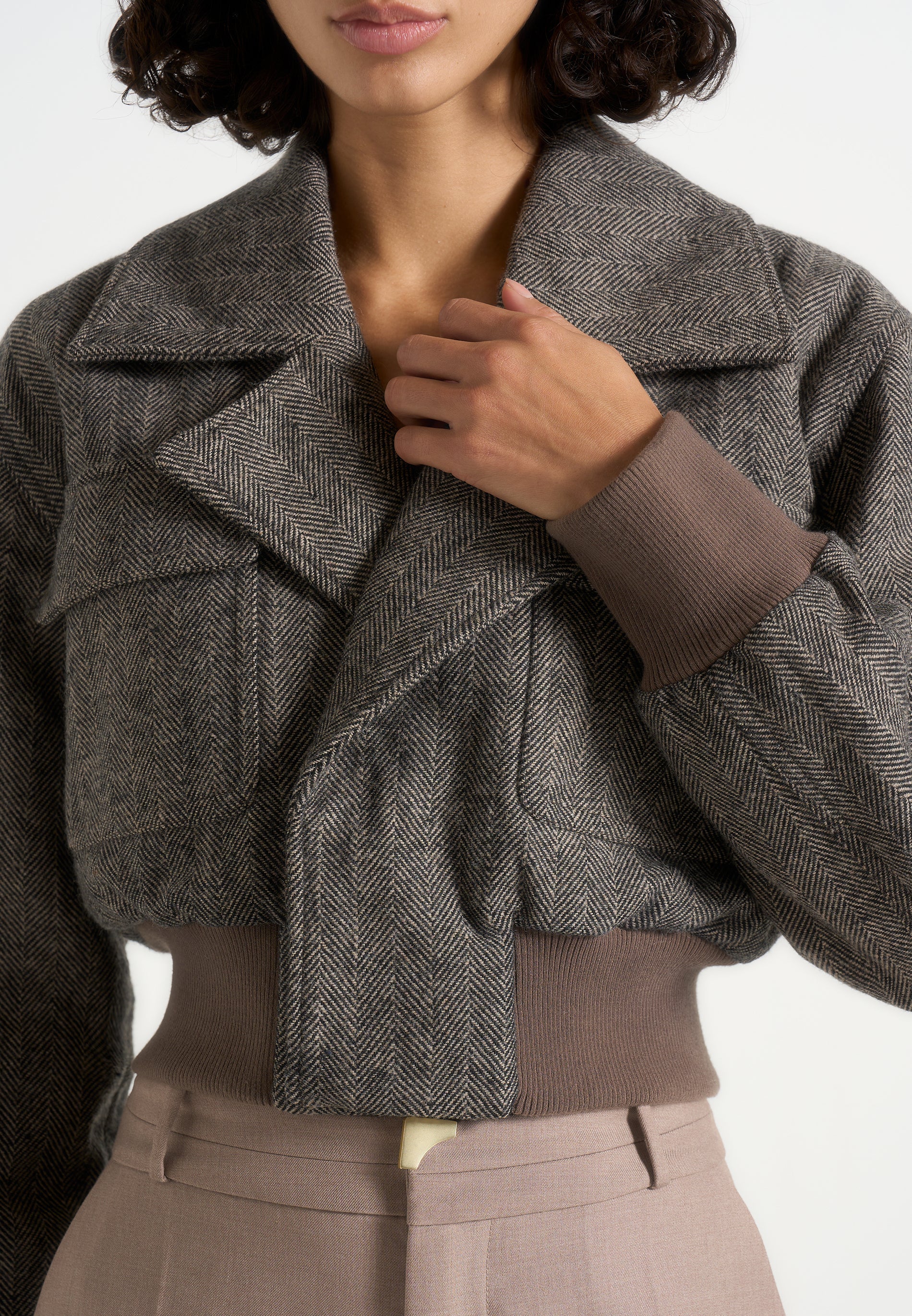 Cosette - Herringbone Wool Lapel Bomber Jacket - Grey - Image 5