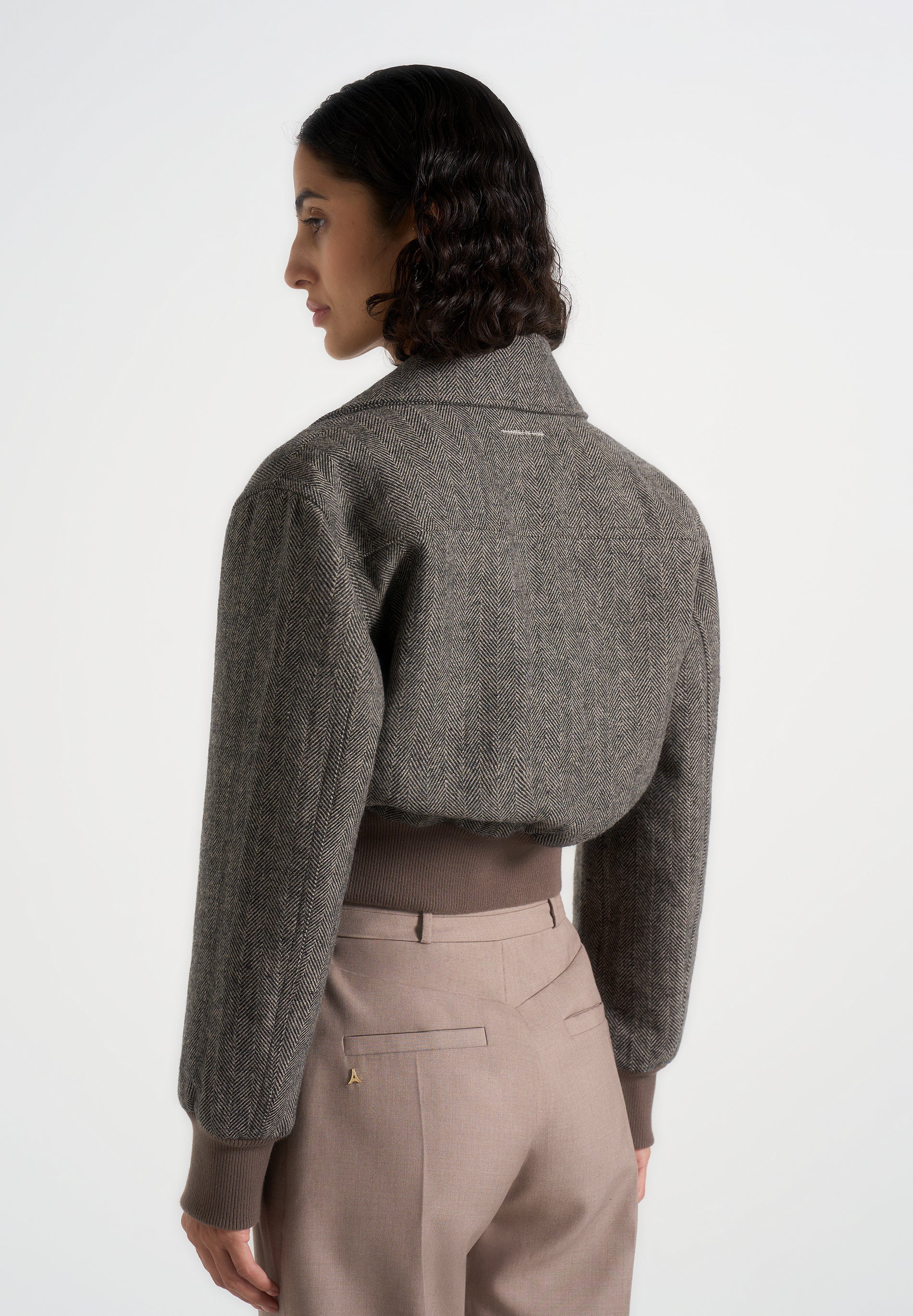 Cosette - Herringbone Wool Lapel Bomber Jacket - Grey - Image 6