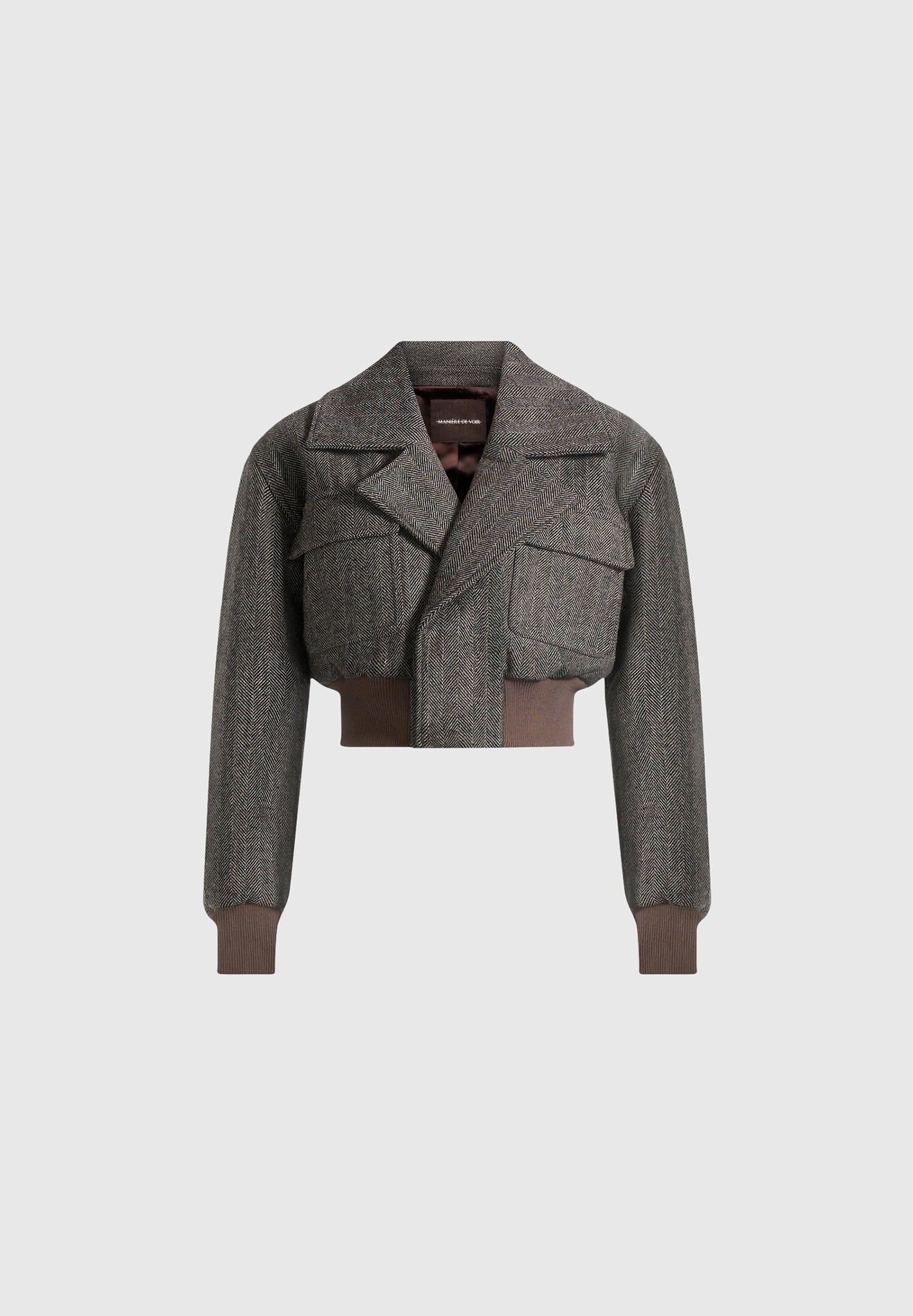 Cosette - Herringbone Wool Lapel Bomber Jacket - Grey - Image 7
