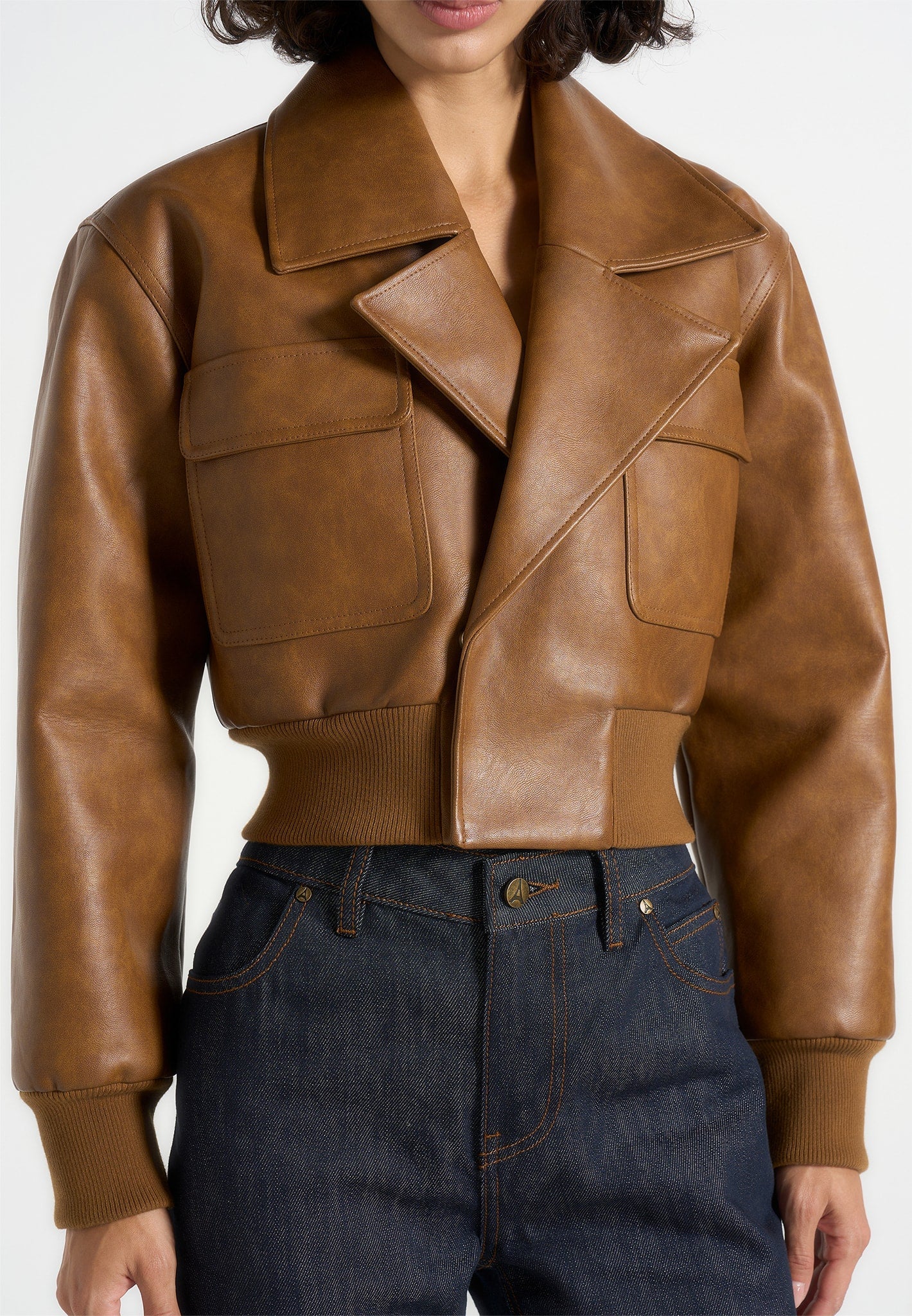 Cosette - Vintage Leather Lapel Bomber Jacket - Brown - Image 3