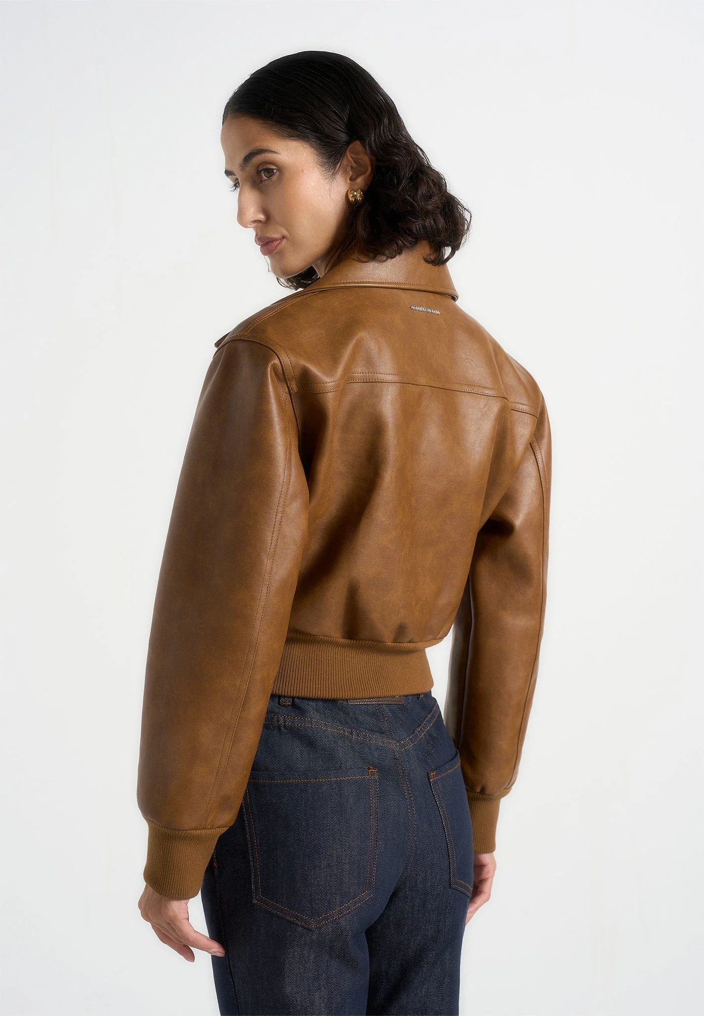Cosette - Vintage Leather Lapel Bomber Jacket - Brown - Image 4