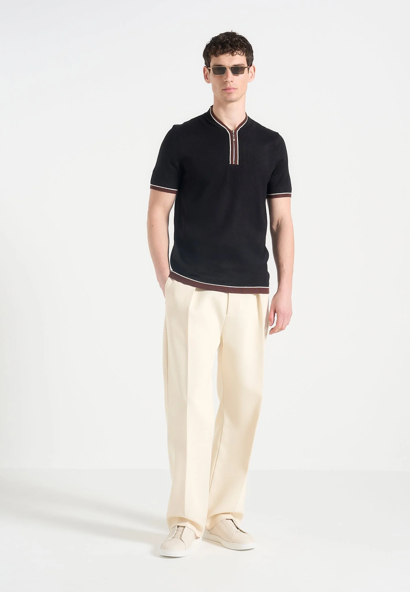 Clement - Crew Neck Zip Polo Shirt - Black - Image 2