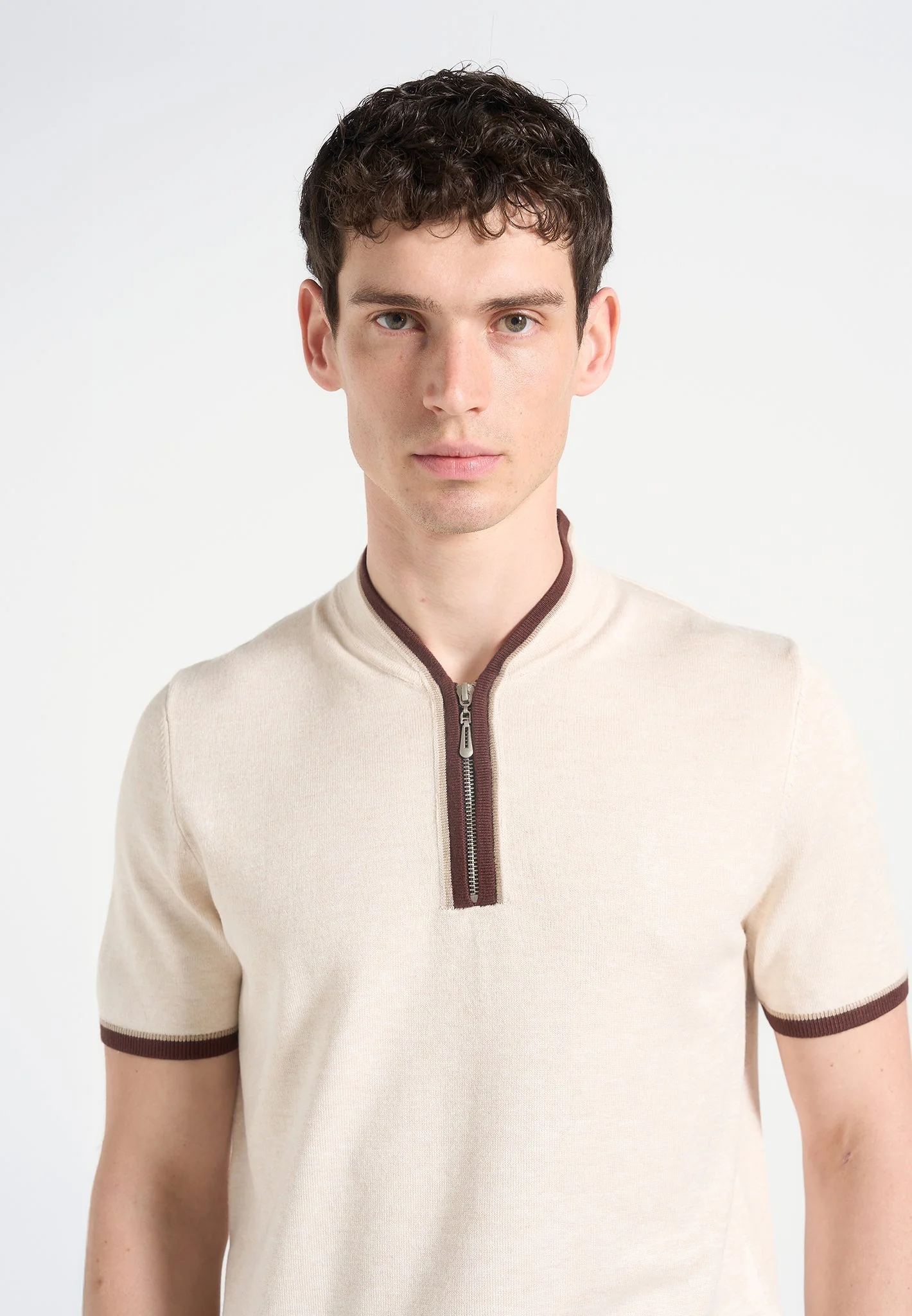 Clement - Crew Neck Zip Polo Shirt - Cream - Image 3