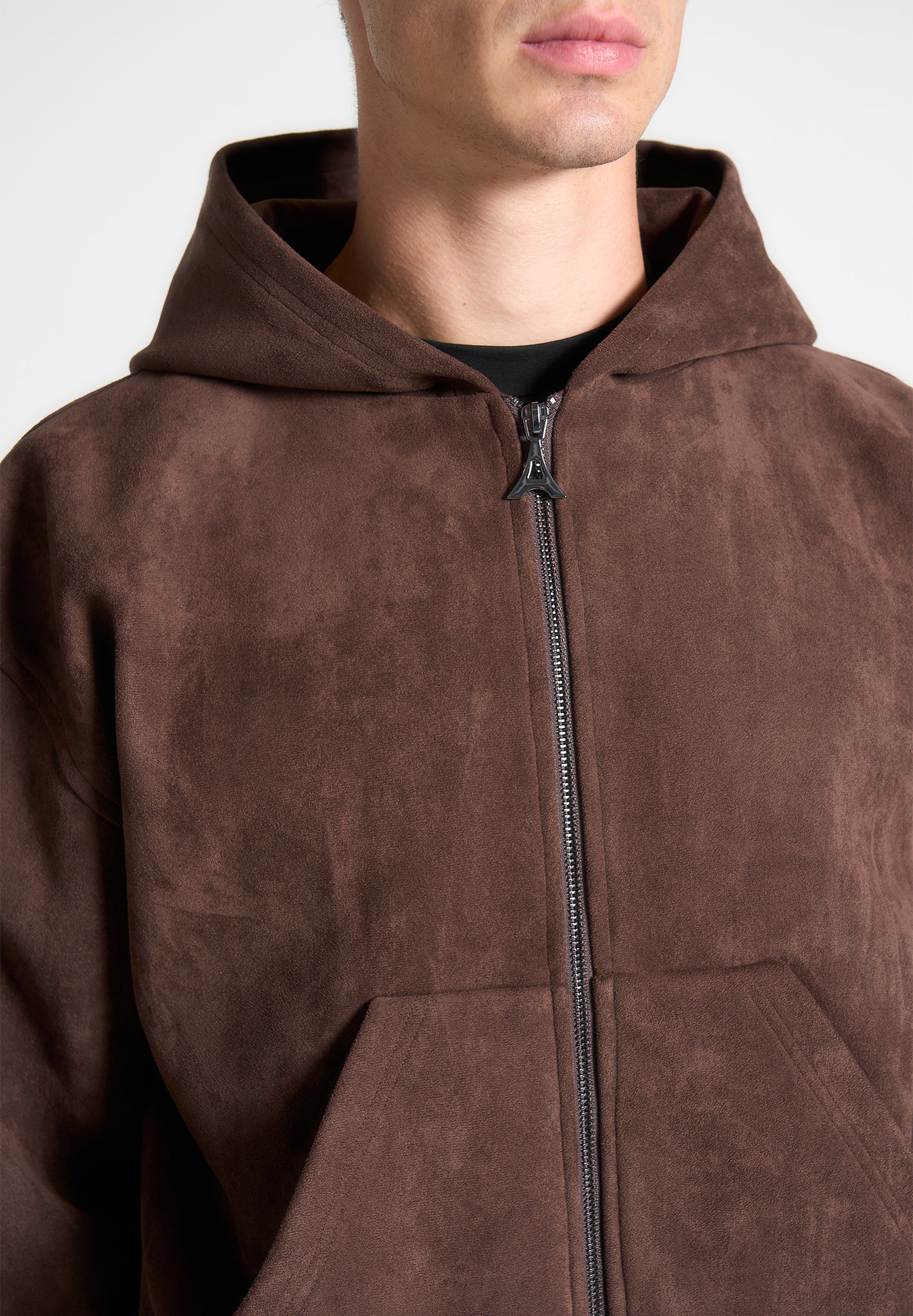 Cropped Suede Hoodie - Brown - Image 3