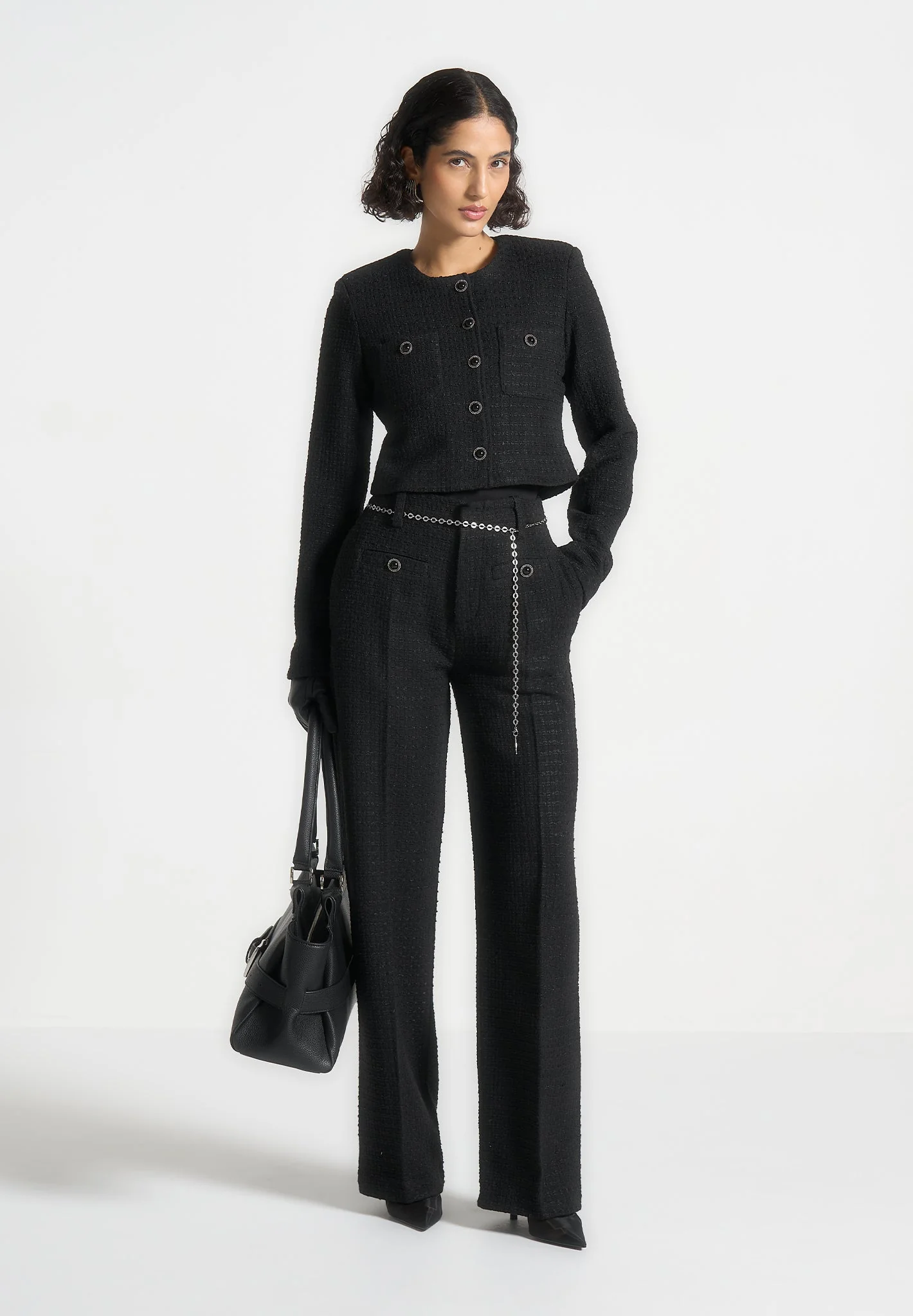 Celine - Cropped Tweed Jacket with Pearls - Black - Image 2