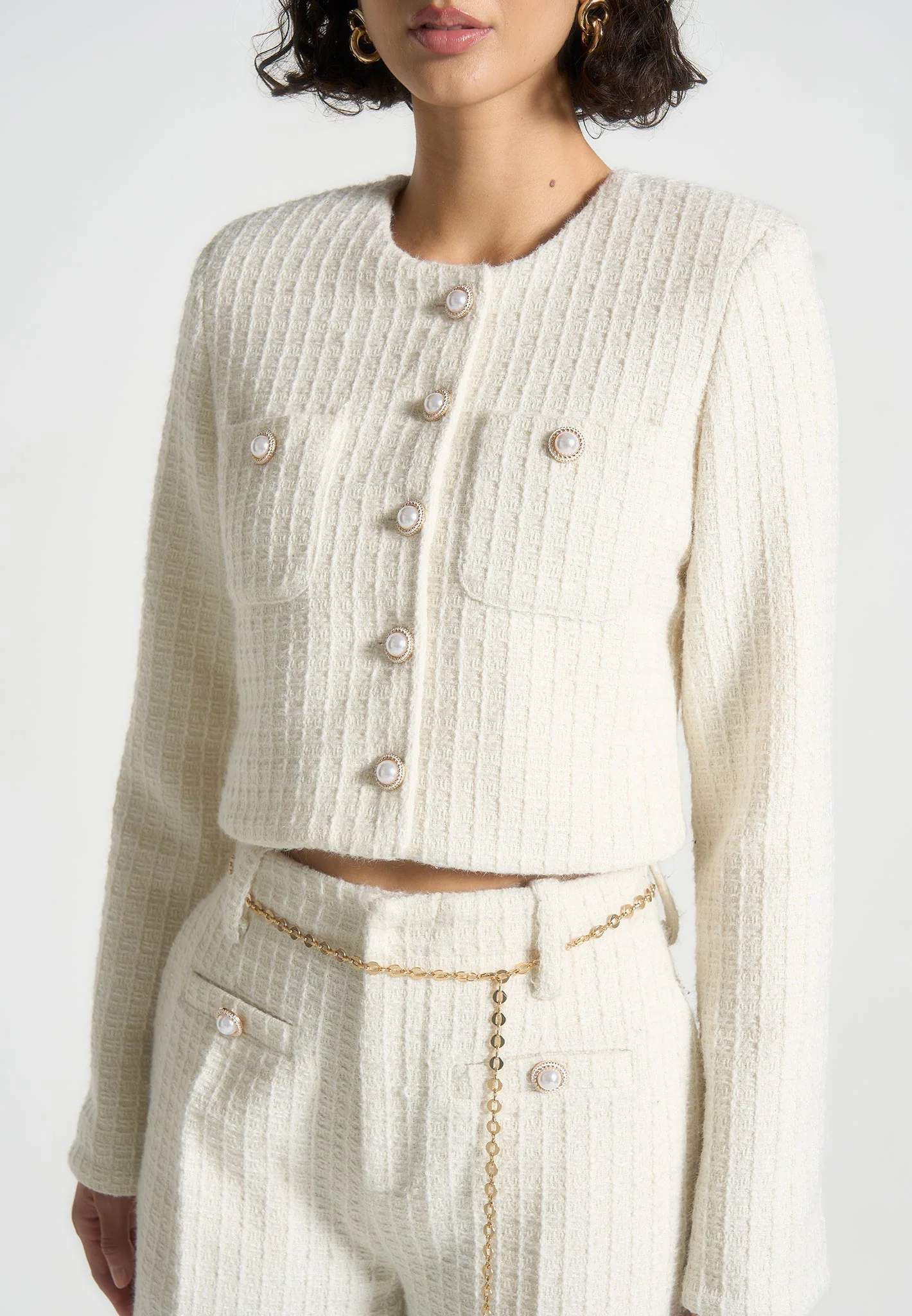 Celine - Cropped Tweed Jacket with Pearls - Cream - Image 3