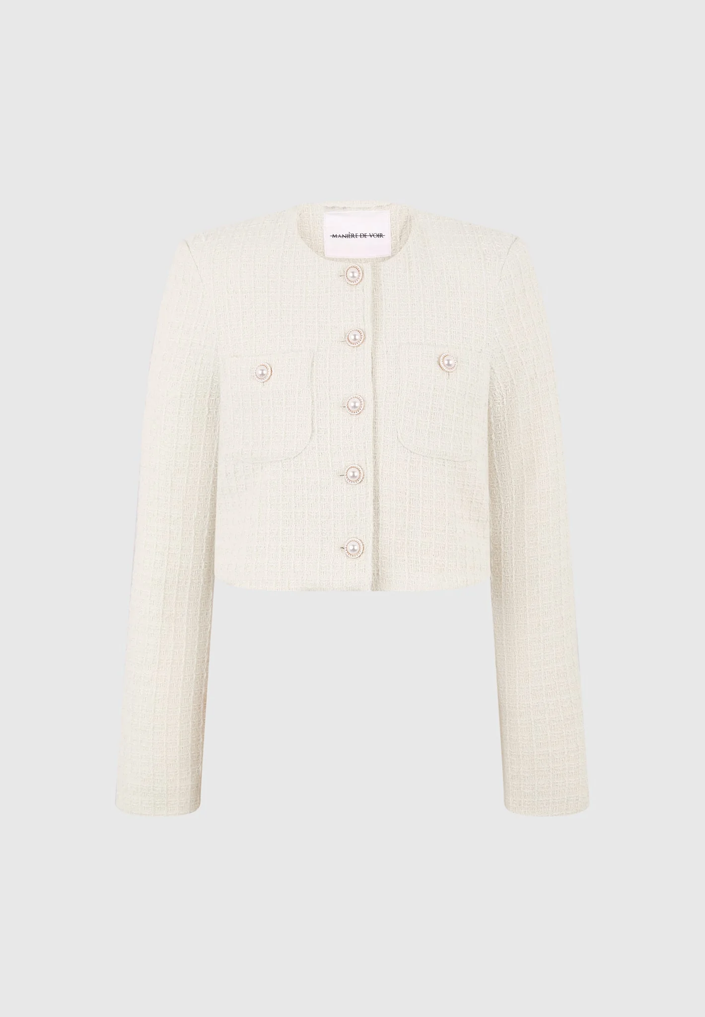 Celine - Cropped Tweed Jacket with Pearls - Cream - Image 6
