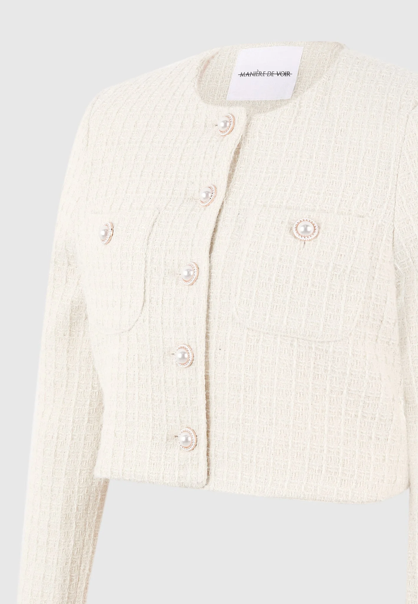 Celine - Cropped Tweed Jacket with Pearls - Cream - Image 7
