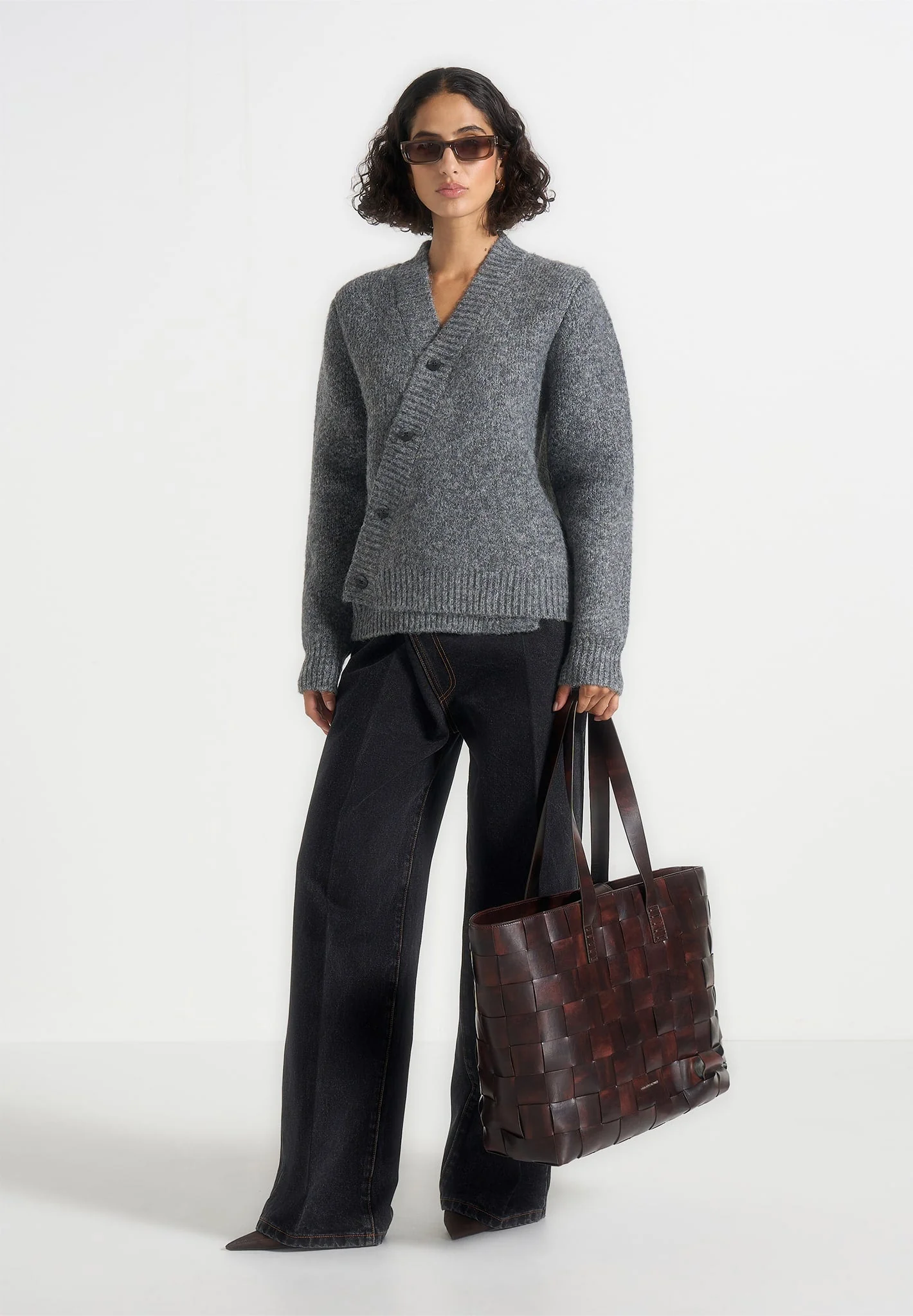 Dani - Unisex Asymmetric Brushed Knit Cardigan - Grey