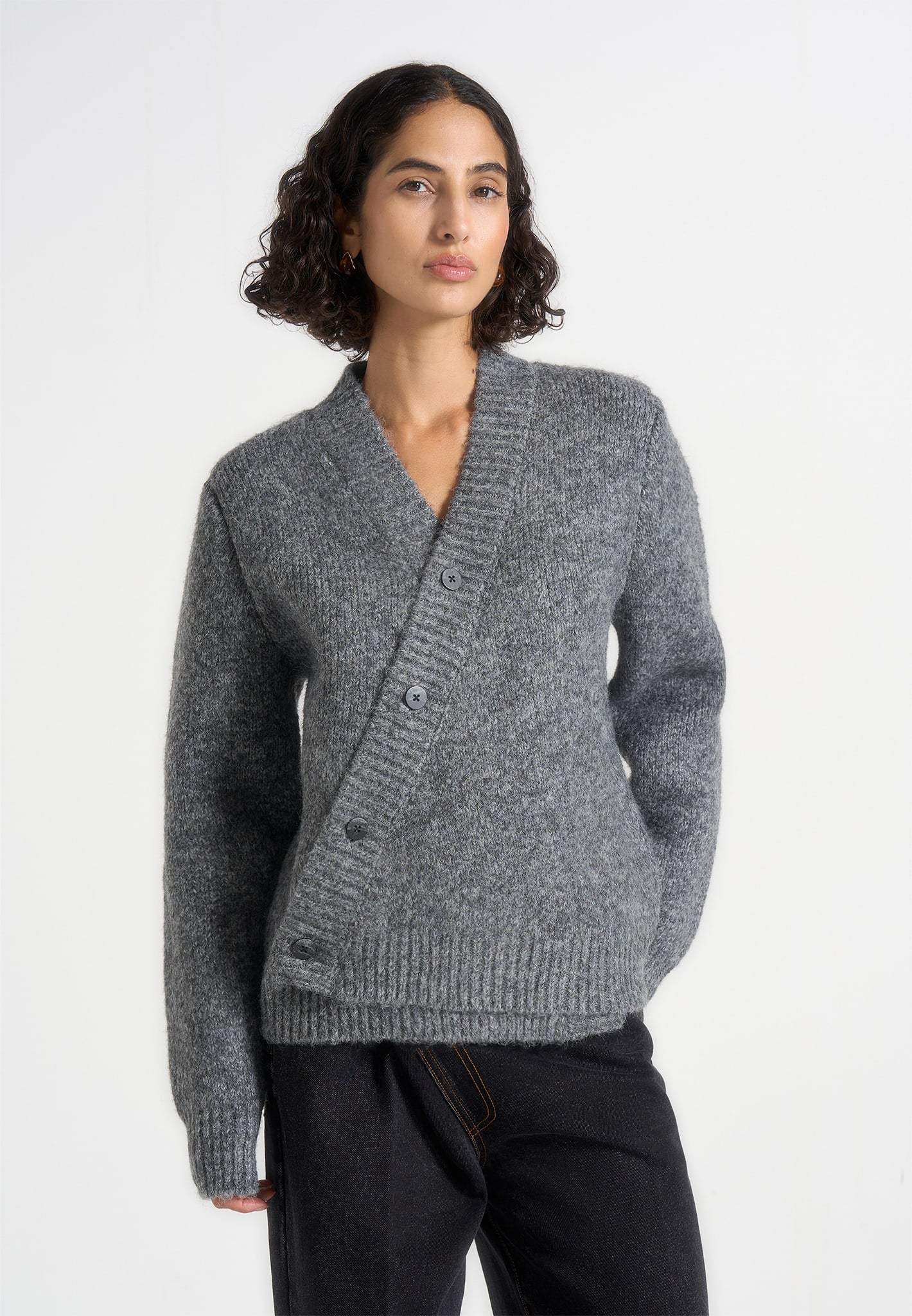 Dani - Unisex Asymmetric Brushed Knit Cardigan - Grey - Image 3